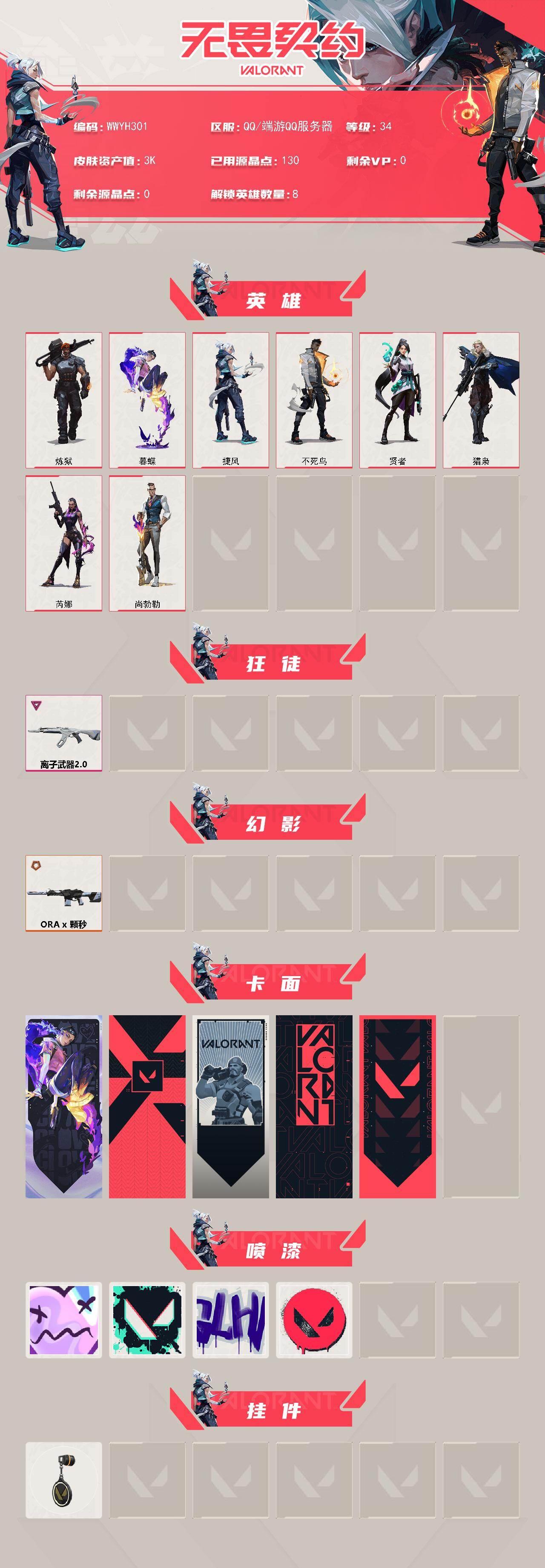 【WWYH301】传奇*1/卓越*1/皮肤*3/等级*34/段位:白银/炼狱/暮蝶/捷风/不死鸟/贤者/猎枭/芮娜/尚勃勒/离子武器//2.0 狂徒/幻影-ORA x 颗秒/无畏契约：暮蝶 卡面/代