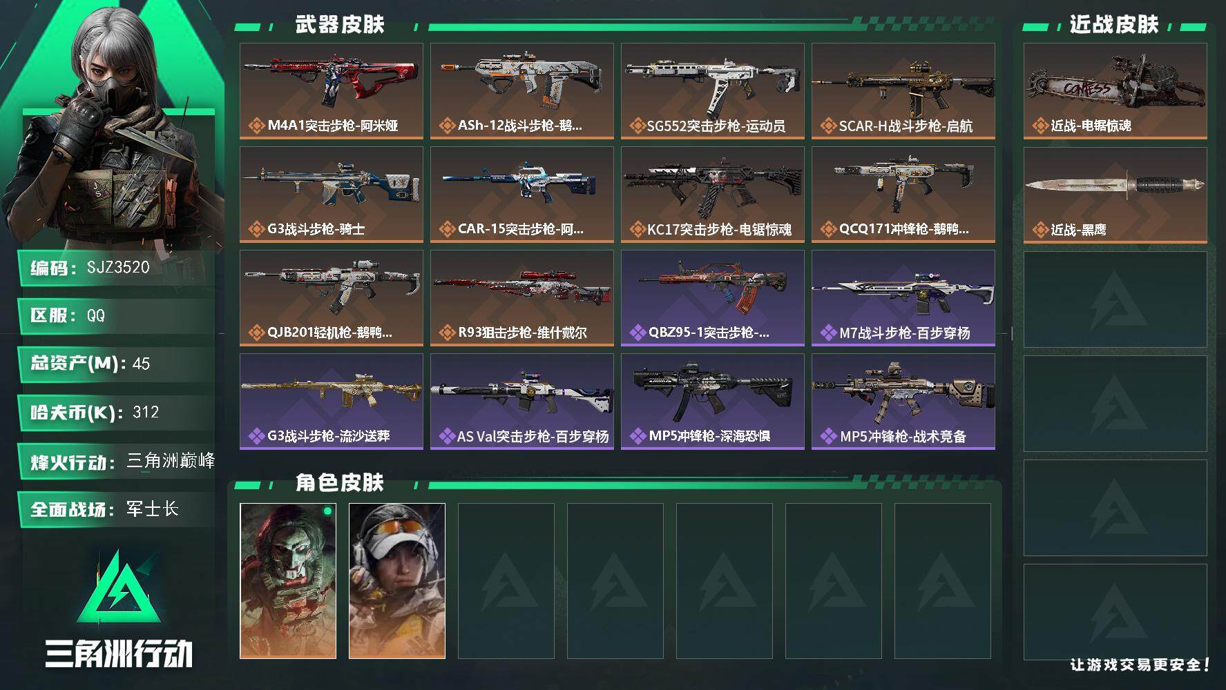 三角洲行动账号QQ【SJZ3520】总资产(M)：45M/哈夫币(K)：312K/哈夫币(K)：312K/全面战场等级：43_段位：军士长/烽火地带等级：60_段位：三角洲巅峰/红狼-电锯惊魂/露娜-金牌射手/近战-