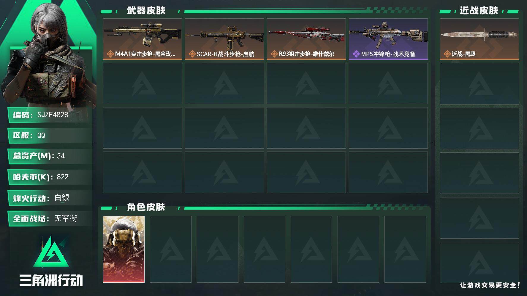 三角洲行动账号QQ【SJZF4828】总资产(M)：34M/哈夫币(K)：822K/哈夫币(K)：822K/传说枪皮数