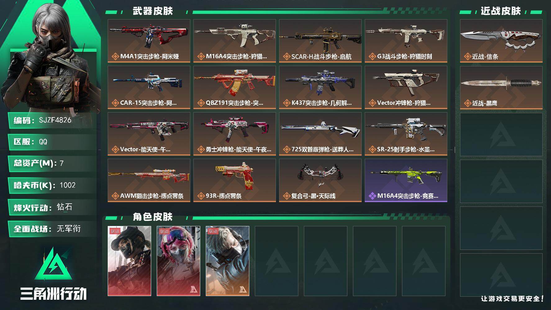三角洲行动账号QQ【SJZF4826】总资产(M)：7M/哈夫币(K)：1002K/哈夫币(K)：1002K/全面战场