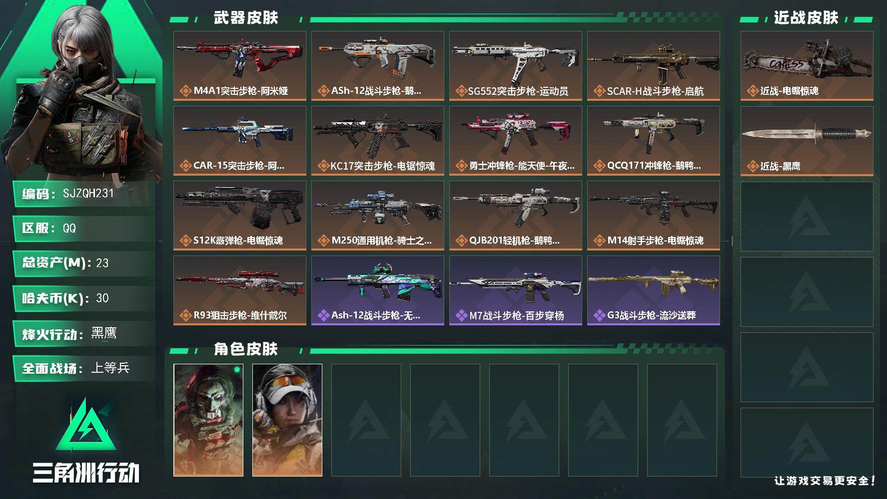 三角洲行动账号QQ【SJZQH231】总资产(M)：23M/哈夫币(K)：30K/哈夫币(K)：30K/全面战场等级：24_段位：上等兵/烽火地带等级：60_段位：黑鹰/红狼-电锯惊魂/露娜-金牌射手/近战-电锯惊魂
