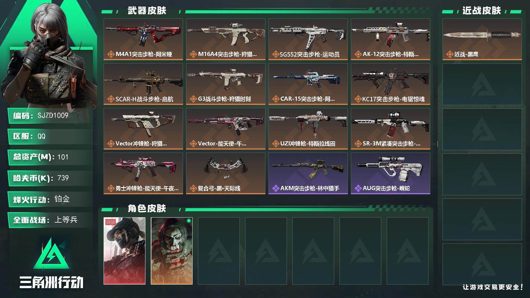 三角洲行动账号QQ【SJZD1009】总资产(M)：101M/哈夫币(K)：739K/哈夫币(K)：739K/传说枪皮