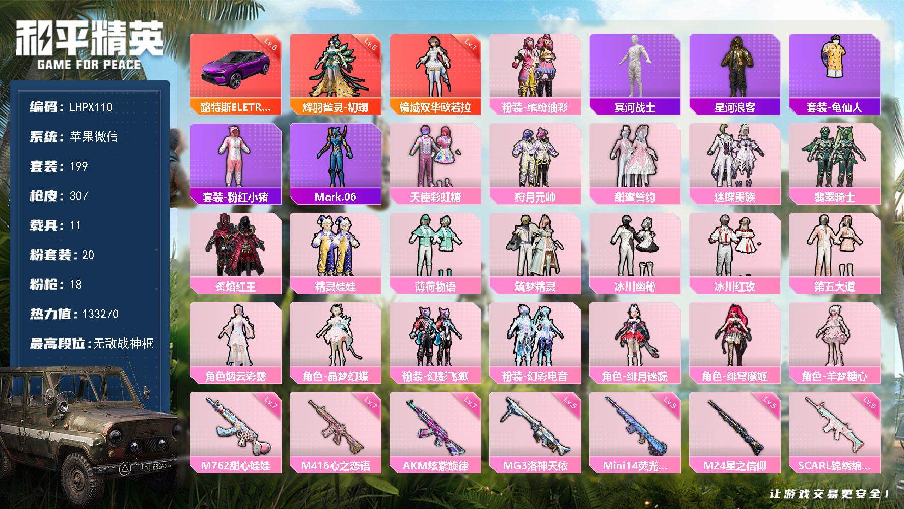 和平精英账号苹果微信11载具-199套装-307枪皮-【特价出售/店主推荐】苹果 微信-无敌战神框-2神装-20粉装-1