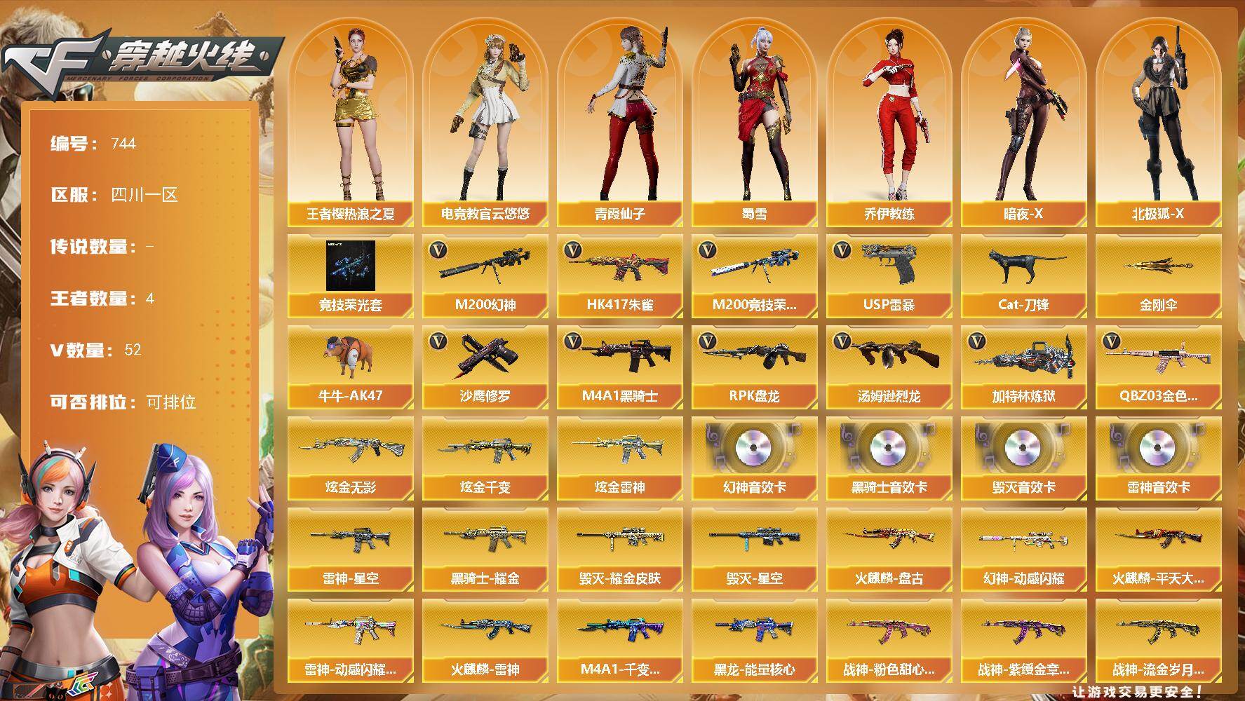 穿越火线账号西部战区四川一区四川一区-54V-4王者-3炫金
【热门武器】：HK417-朱雀*2，M200-幻神+幻神动感闪耀皮