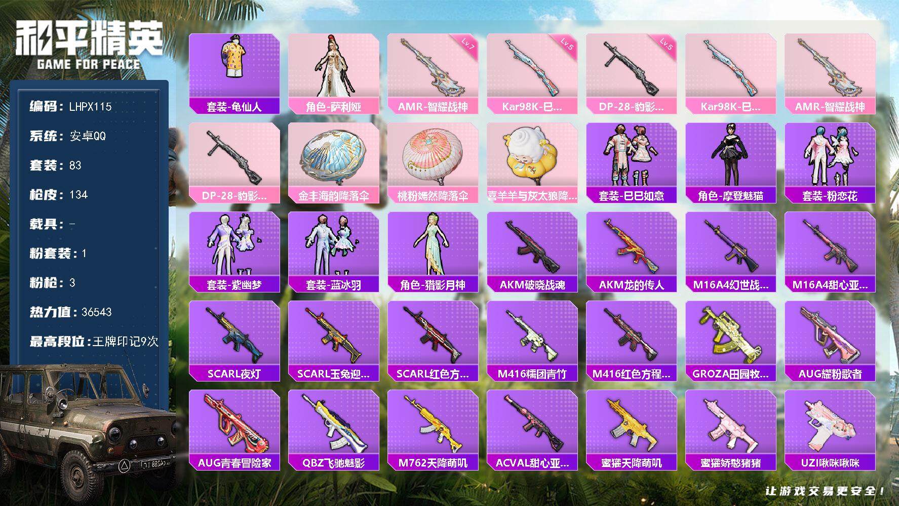 和平精英账号安卓QQ【特价出售/店主推荐】 安卓 手Q-1粉装-3特效枪-0载具-1粉色飞行器-36543热力值-9王牌印记-83套装-134枪皮
【热门品类】：套装-龟仙人
【粉色套装】：角色-萨利娅
【粉色枪皮等级