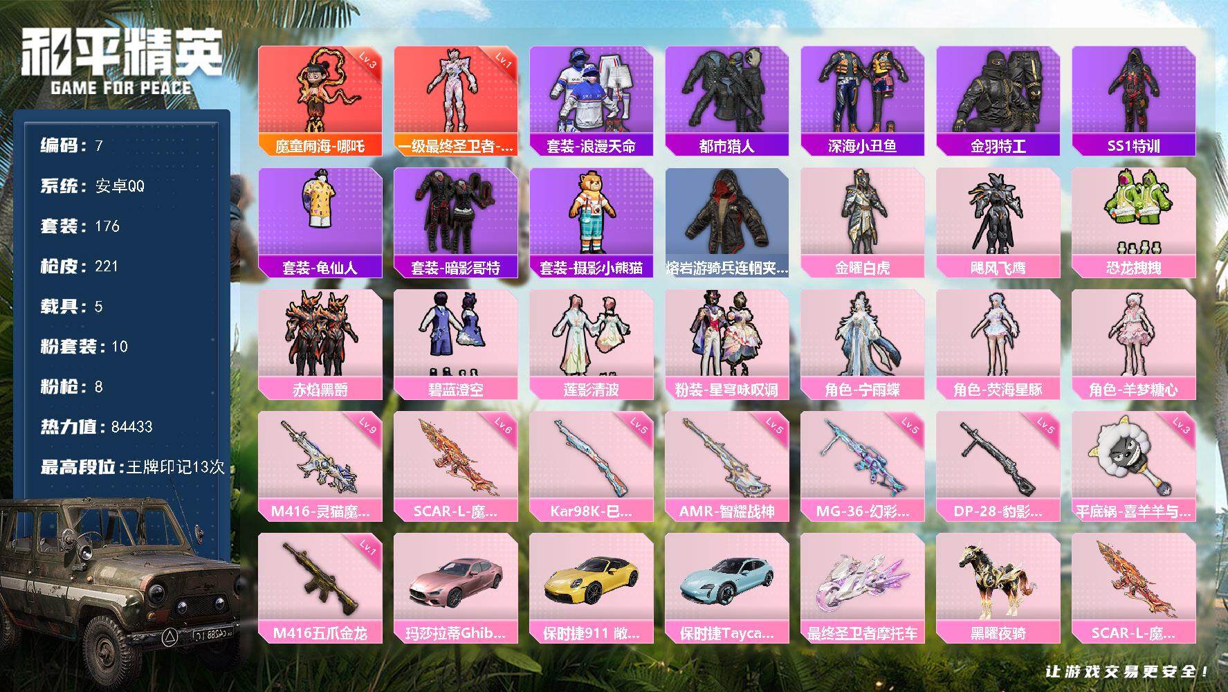 和平精英账号安卓QQ安卓 手Q-2神装-10粉装-8特效枪-5载具-5粉色飞行器-84433热力值-13王牌印记-176套装-221枪皮
【红色神装等级】：魔童闹海-哪吒(三级)，最终圣卫者-帕修斯(一级)
【红色角色