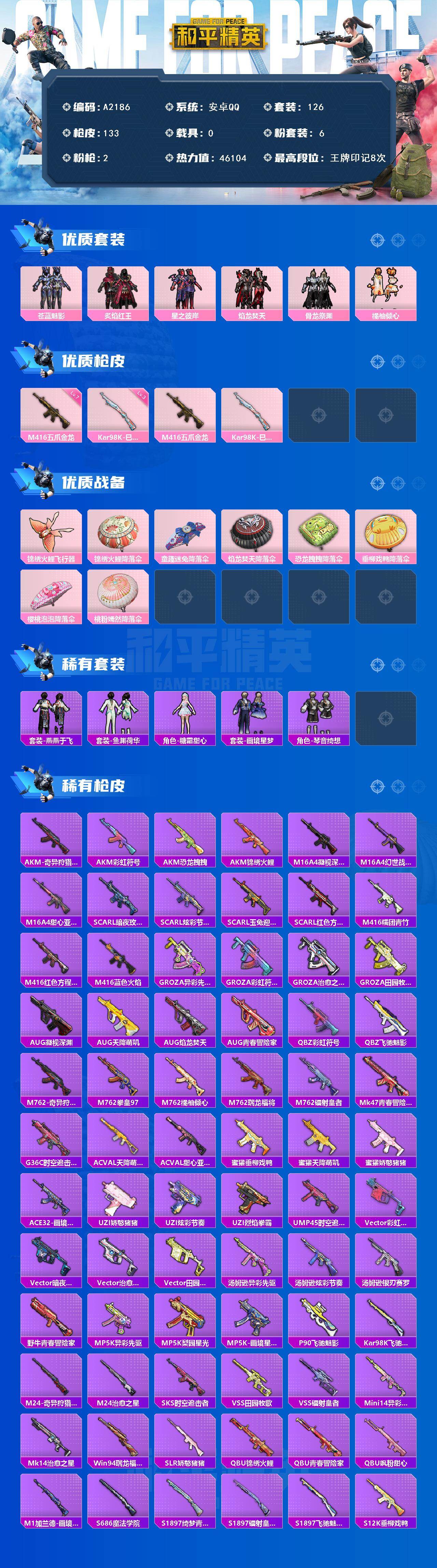 和平精英账号安卓QQ【A2186】126套装/枪械2/装备155/战备83/王牌印记8/热力值46104/七级M416-五爪金龙/三级Kar98K-巳巳如意/套装-龟仙人/套装-暗影哥特/苍蓝魅影/炙焰红王/星之彼岸/