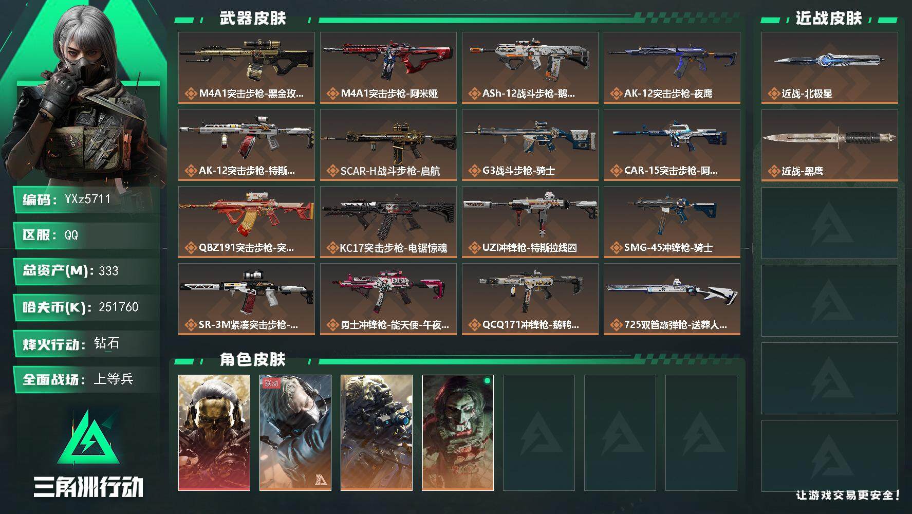 三角洲行动账号QQ【热门组合搭配,单红+北极星-蚀金玫瑰/高额资产333M】【Q区三端互通】【【无二次协助处理】】YX