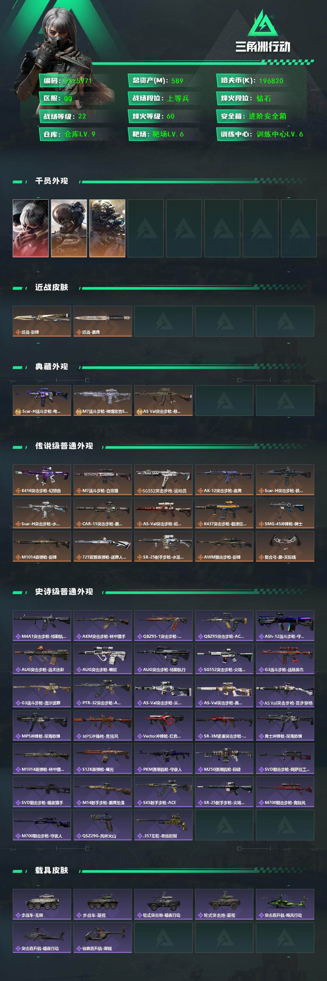 三角洲行动账号QQ【高氪金号,三典藏+单红+影锋-水墨云图】【典藏外观】：SCAR-H战斗步枪-电玩高手-优品B，M7