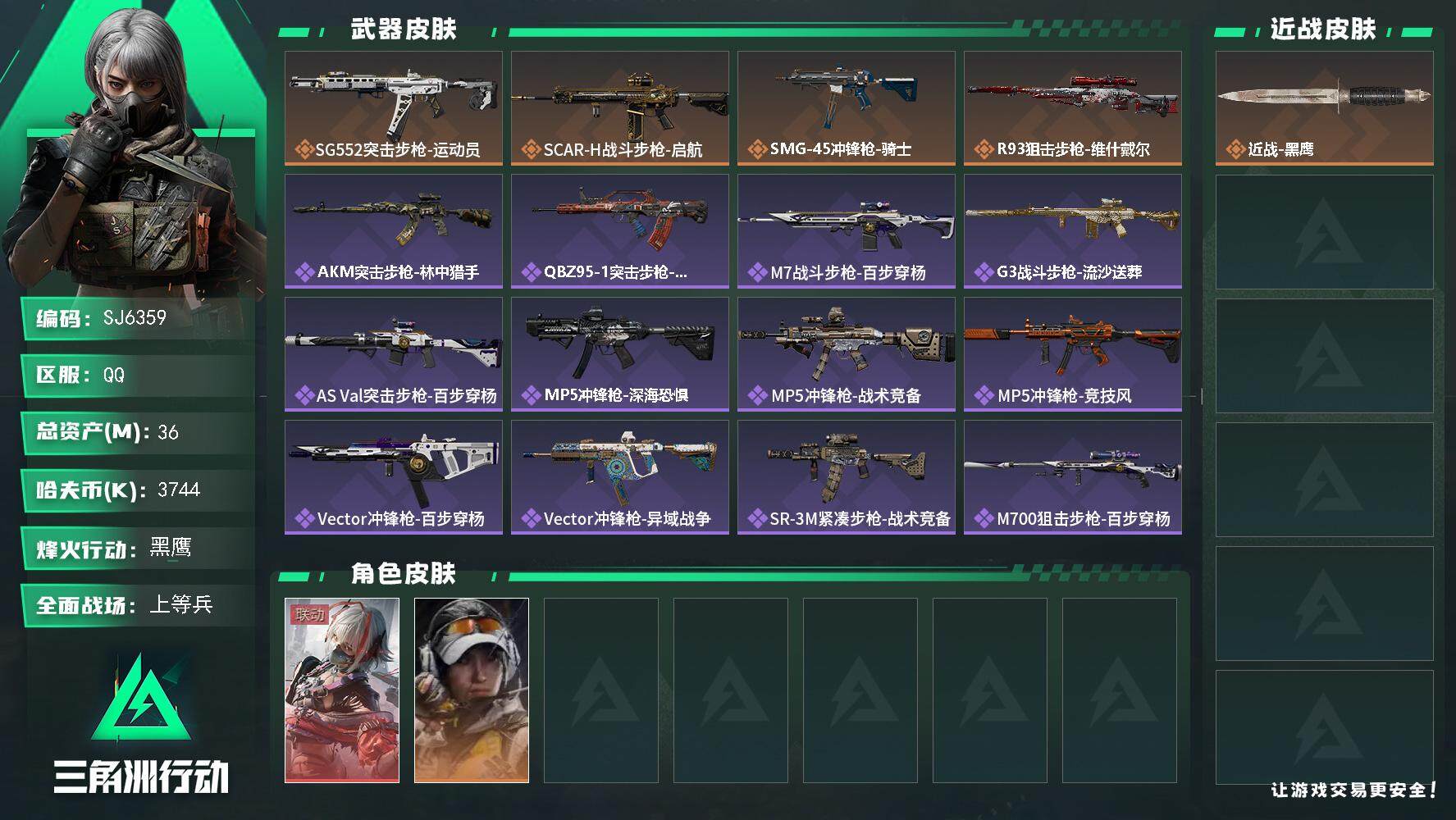 三角洲行动账号QQ【SJ6359】总资产(M)：36M/哈夫币(K)：3744K/哈夫币(K)：3744K/全面战场等