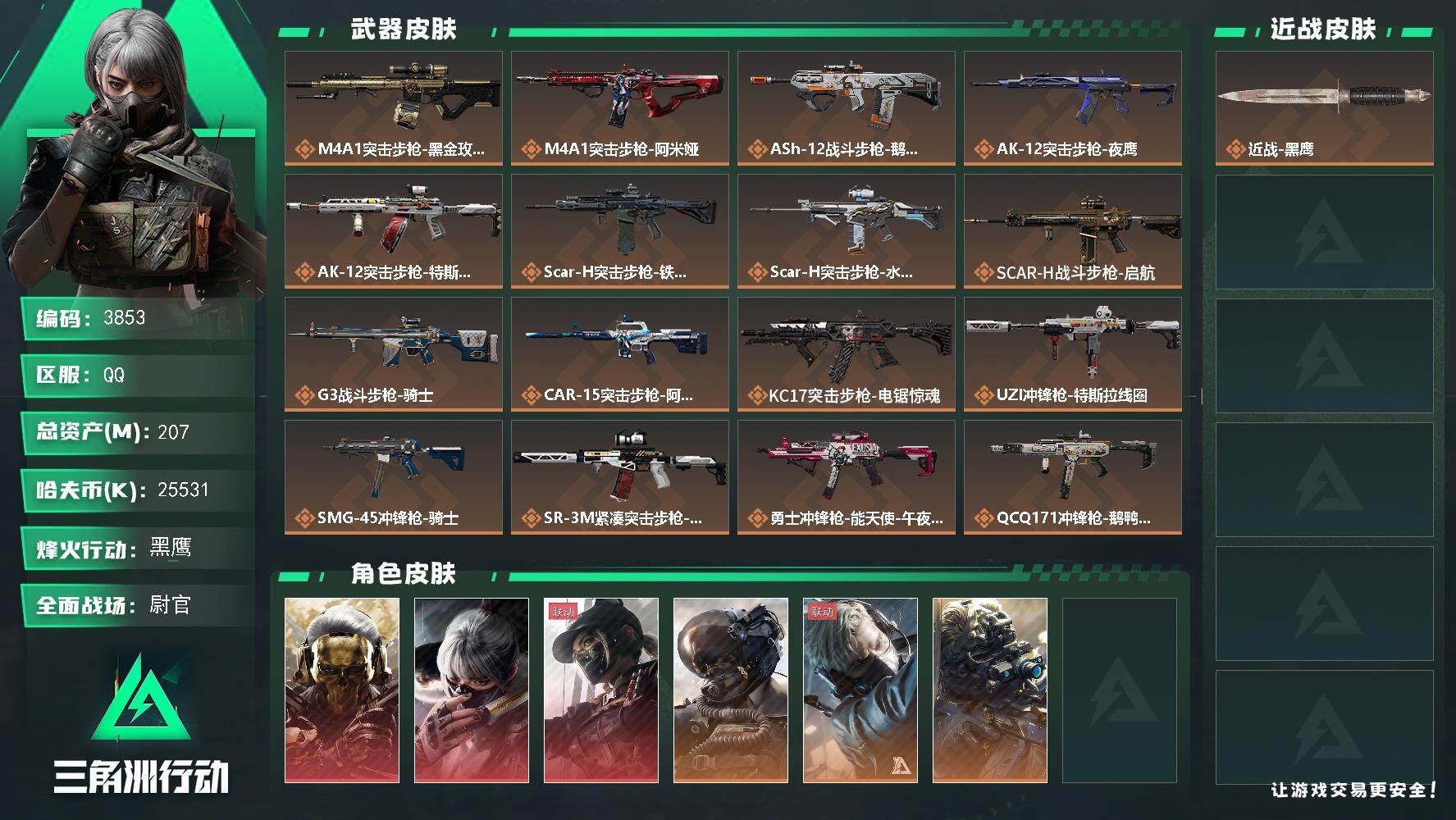 三角洲行动账号QQ总资产(M)：207M/哈夫币(K)：25531K/哈夫币(K)：25531K/全面战场等级：50_