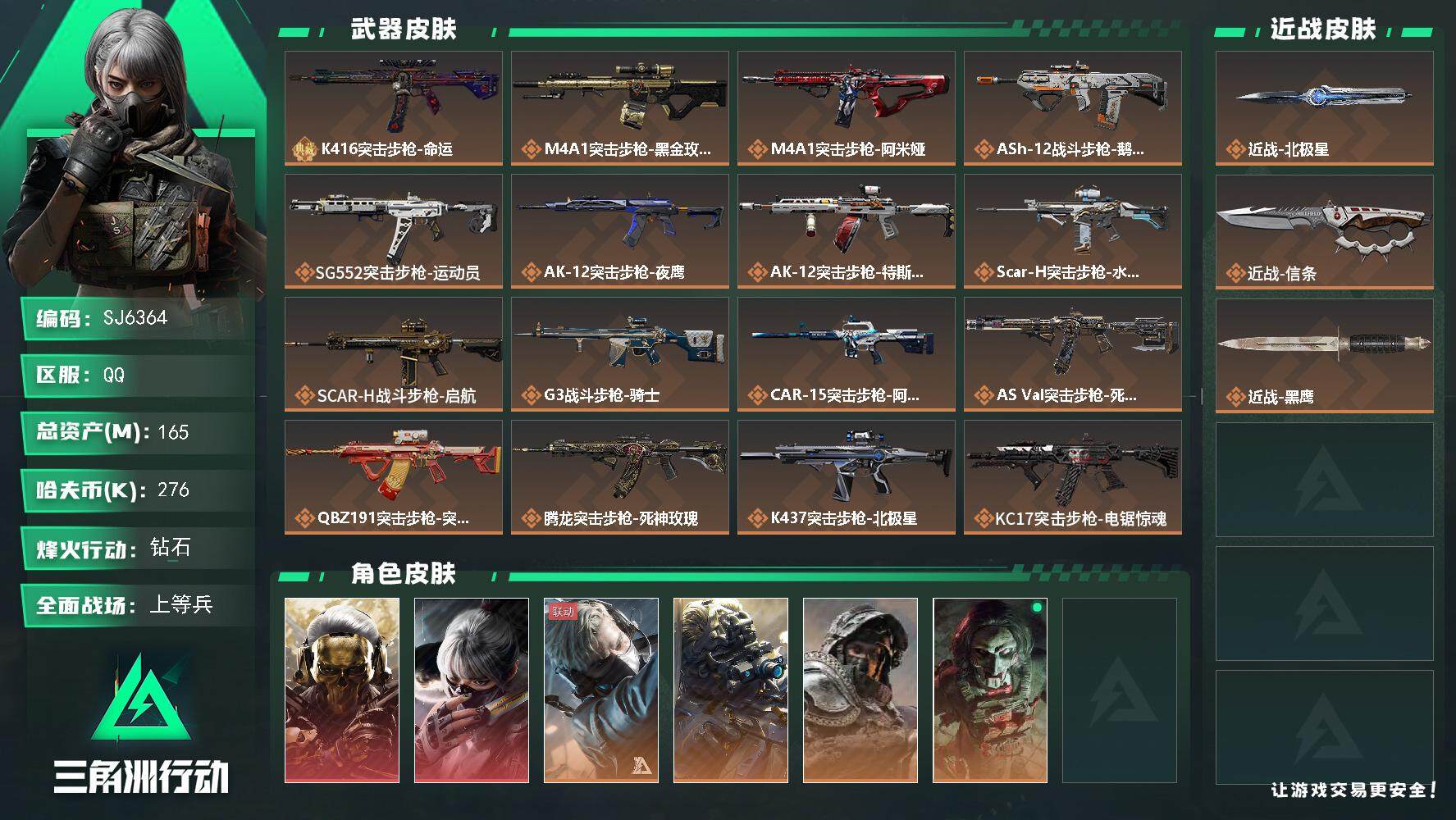 三角洲行动账号QQ【SJ6364】总资产(M)：165M/哈夫币(K)：276K/哈夫币(K)：276K/传说枪皮数：31/全面战场等级：24_段位：上等兵/烽火地带等级：60_段位：钻石/红狼-蚀金玫瑰/骇爪-水墨