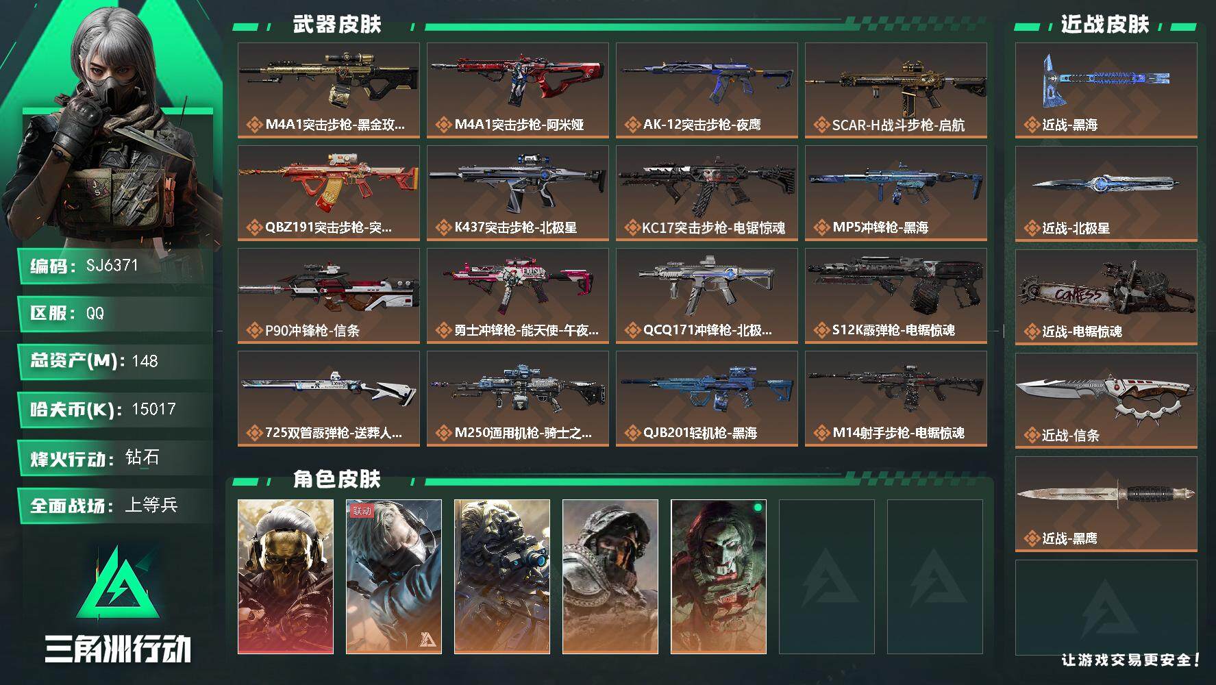 三角洲行动账号QQ【SJ6371】总资产(M)：148M/哈夫币(K)：15017K/哈夫币(K)：15017K/全面战场等级：20_段位：上等兵/烽火地带等级：60_段位：钻石/红狼-蚀金玫瑰/蜂医-送葬人·无题密