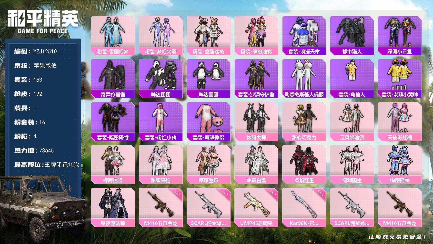 和平精英账号苹果微信0载具-163套装-192枪皮-可二次 苹果V-4稀有16粉装4特效枪31热门163套装192枪皮 