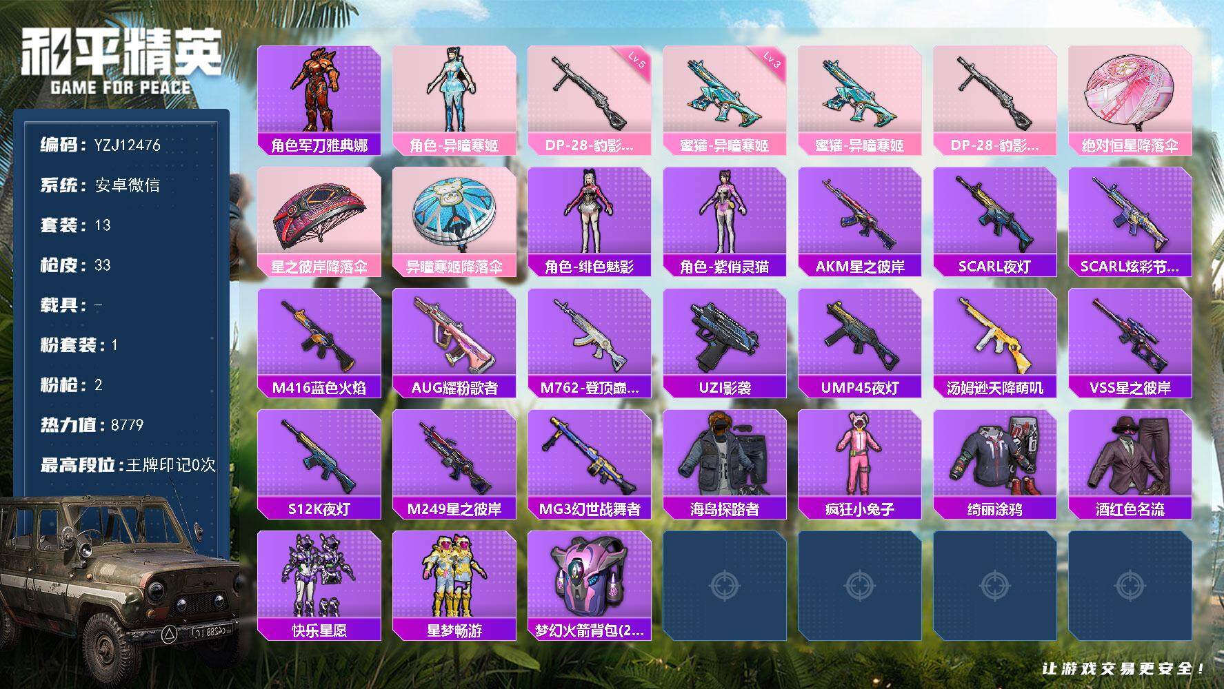 和平精英账号安卓微信YZJ12476 包人脸  安卓V-1粉装2特效枪1热门13套装33枪皮 8779热力值 历史英勇黄