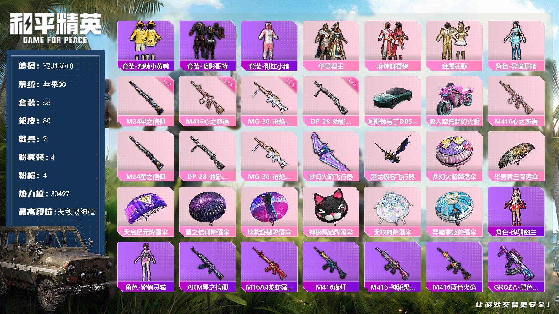 和平精英账号苹果QQYZJ13010-可二次- 苹果Q-2载具4粉装4特效枪9热门55套装80枪皮 30482热力值 战