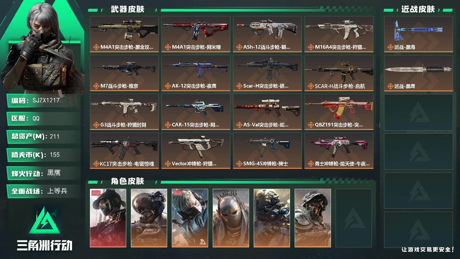 三角洲行动账号QQ【SJZX1217】总资产(M)：211M/哈夫币(K)：155K/哈夫币(K)：155K/全面战场等级：50_段位：上等兵/烽火地带等级：60_段位：黑鹰/露娜-黑·天际线/威龙-壮志凌云/蜂医-