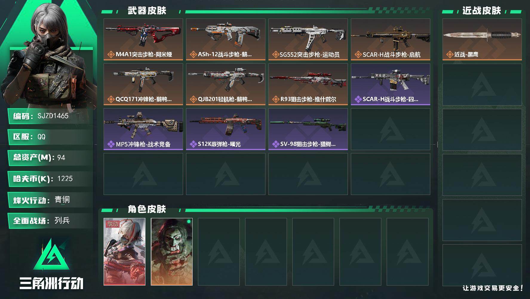 三角洲行动账号QQ【SJZD1465】总资产(M)：94M/哈夫币(K)：1225K/哈夫币(K)：1225K/全面战场等级：12_段位：列兵/烽火地带等级：55_段位：青铜/骇爪-维什戴尔/红狼-电锯惊魂/近战-黑