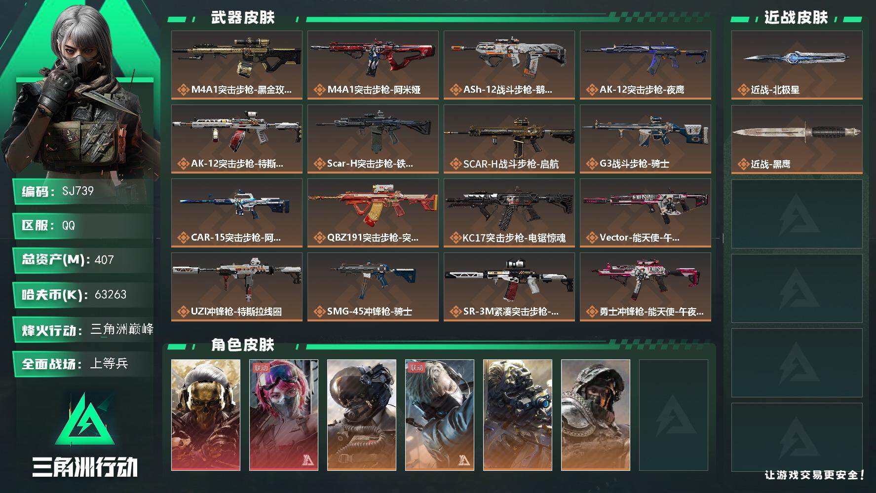 三角洲行动账号QQ【SJ739】407m总资产-63263k哈伏币-60烽火等级-三角洲巅峰-40战场等级-上等兵
【