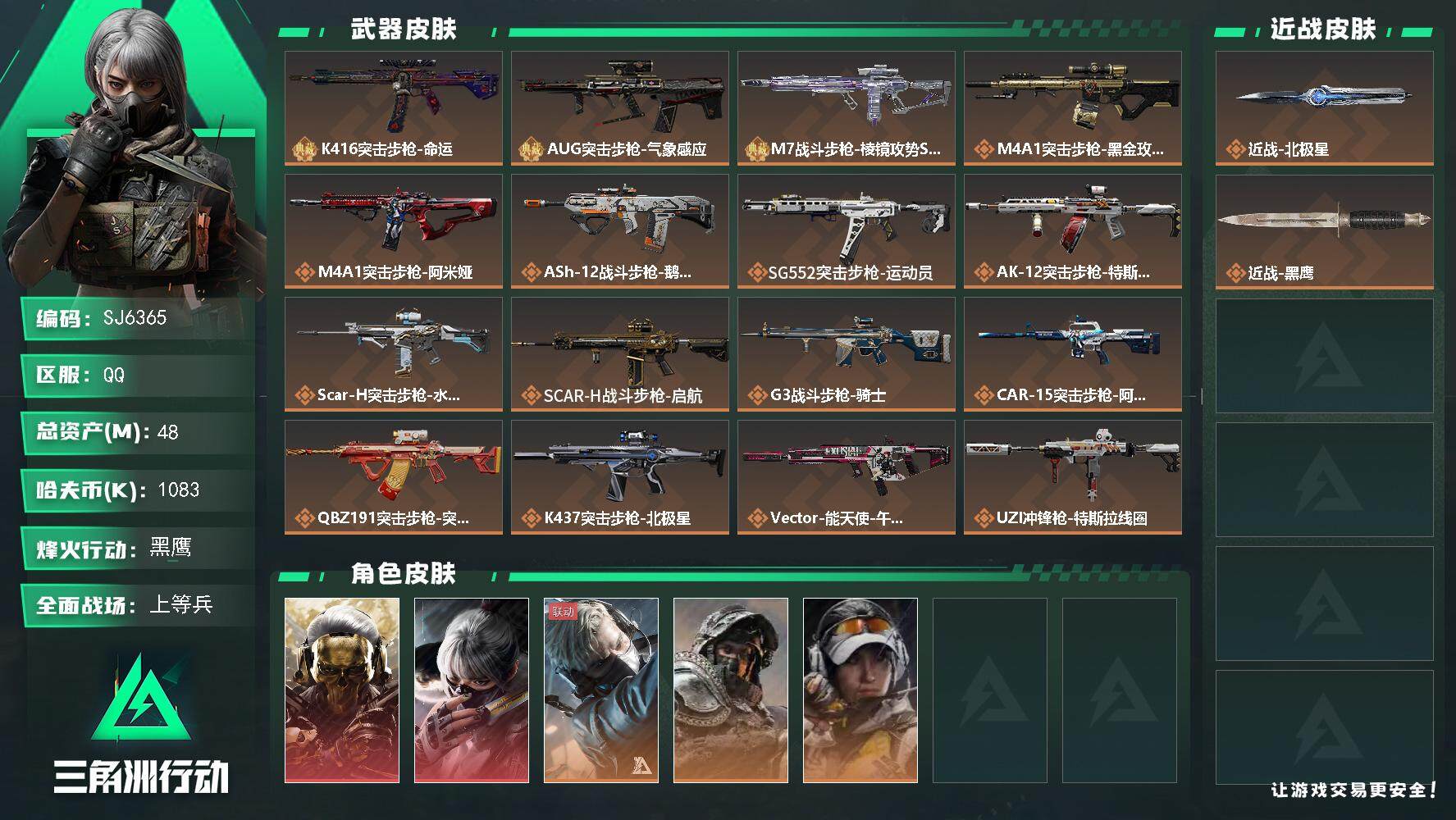三角洲行动账号QQ【SJ6365】总资产(M)：48M/哈夫币(K)：1083K/哈夫币(K)：1083K/传说枪皮数
