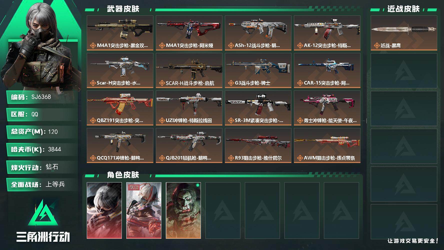 三角洲行动账号QQ【SJ6368】总资产(M)：120M/哈夫币(K)：3844K/哈夫币(K)：3844K/传说枪皮数：18/全面战场等级：28_段位：上等兵/烽火地带等级：60_段位：钻石/骇爪-水墨云图/骇爪-