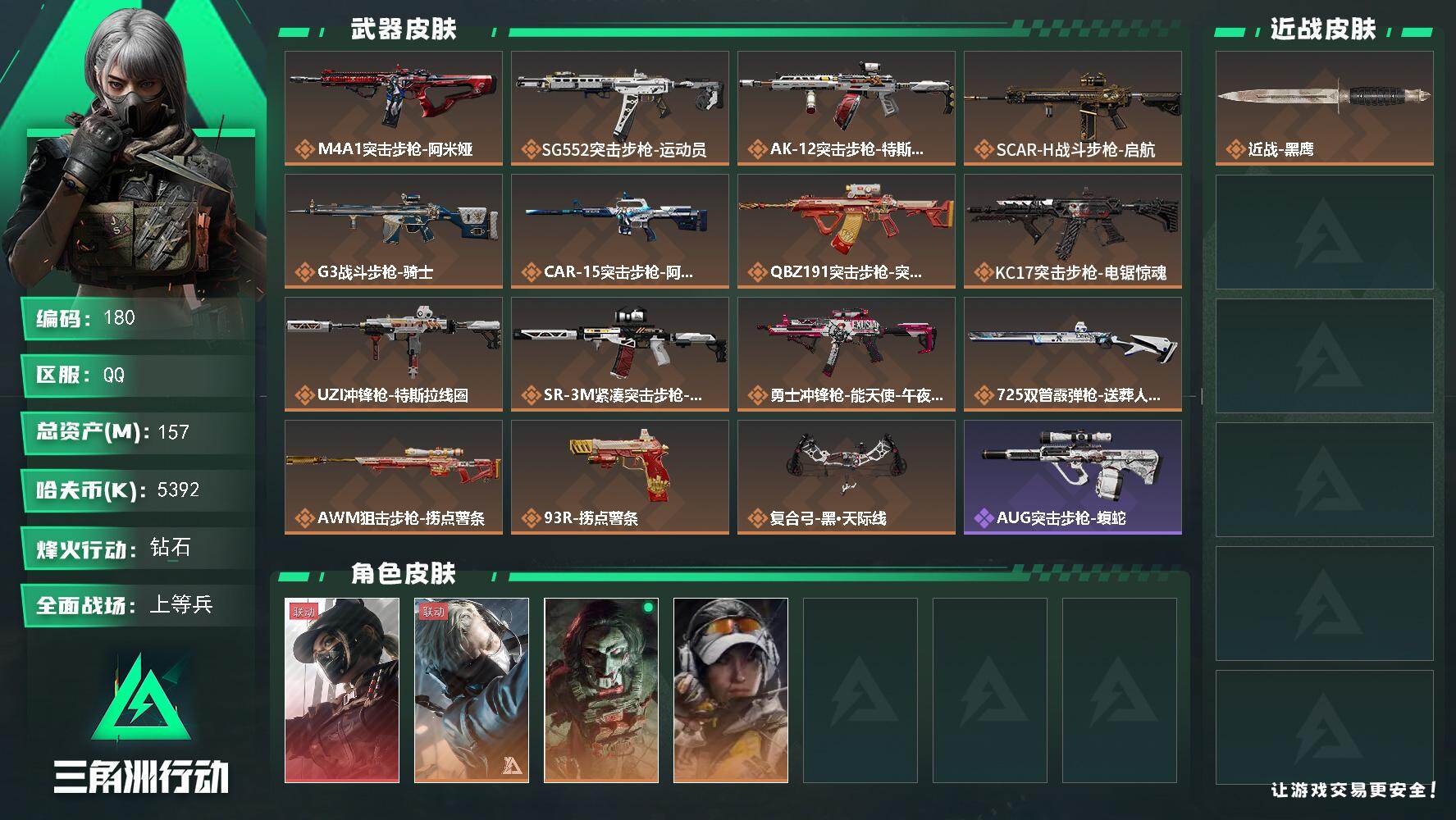 三角洲行动账号QQS7赛季6格，157m总资产-5392k哈伏币-60烽火等级-钻石-38战场等级-上等兵，指挥中心5