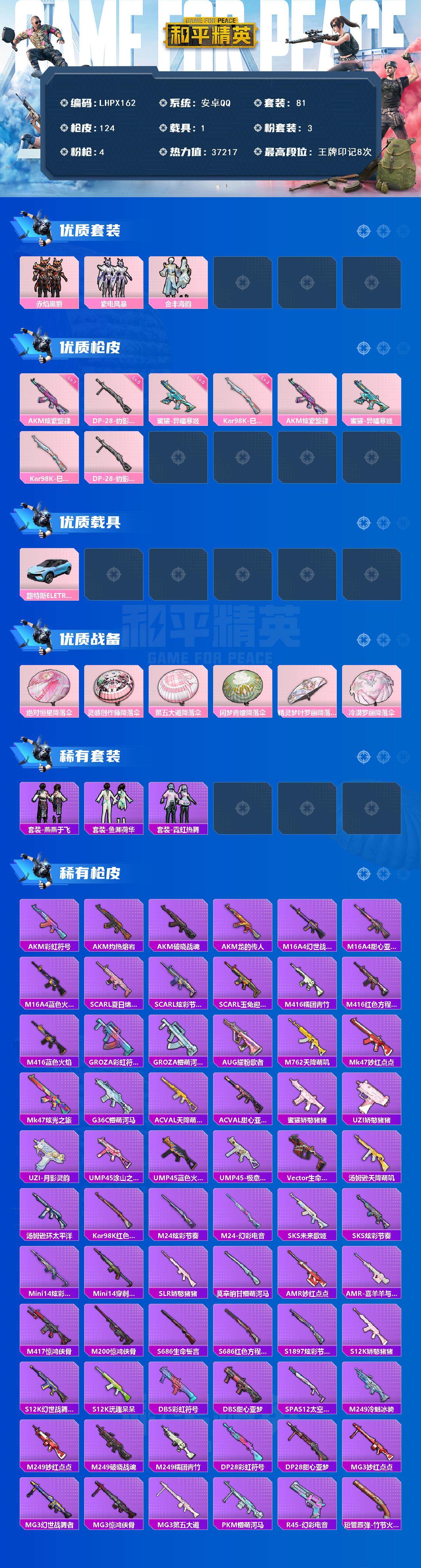 和平精英账号安卓QQ【特价出售/店主推荐】安卓 手Q-3粉装-4特效枪-1载具-1粉色飞行器-37217热力值-8王牌印记-81套装-124枪皮
【热门品类】：套装-龟仙人，角色-Mark.06
【粉色套装】：粉装-赤