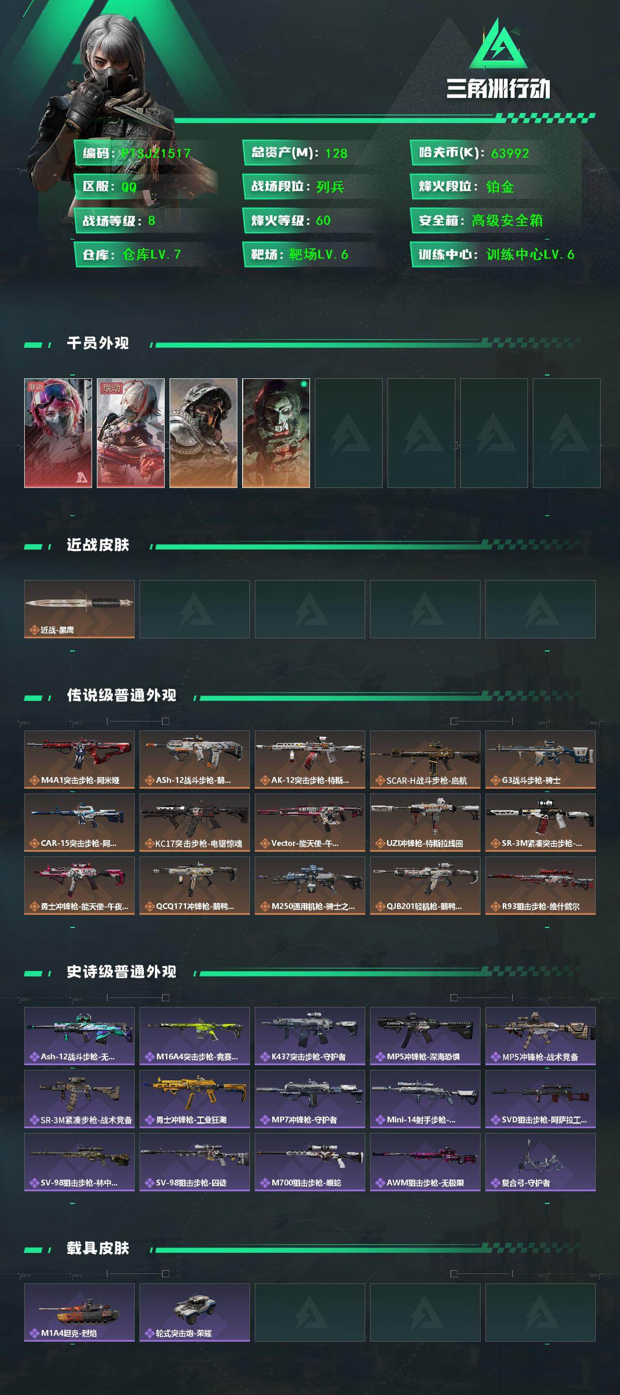 三角洲行动账号QQ【PTSJZ1517】【最新上架】总资产：128M  部门任务：22322
128m总资产-6399