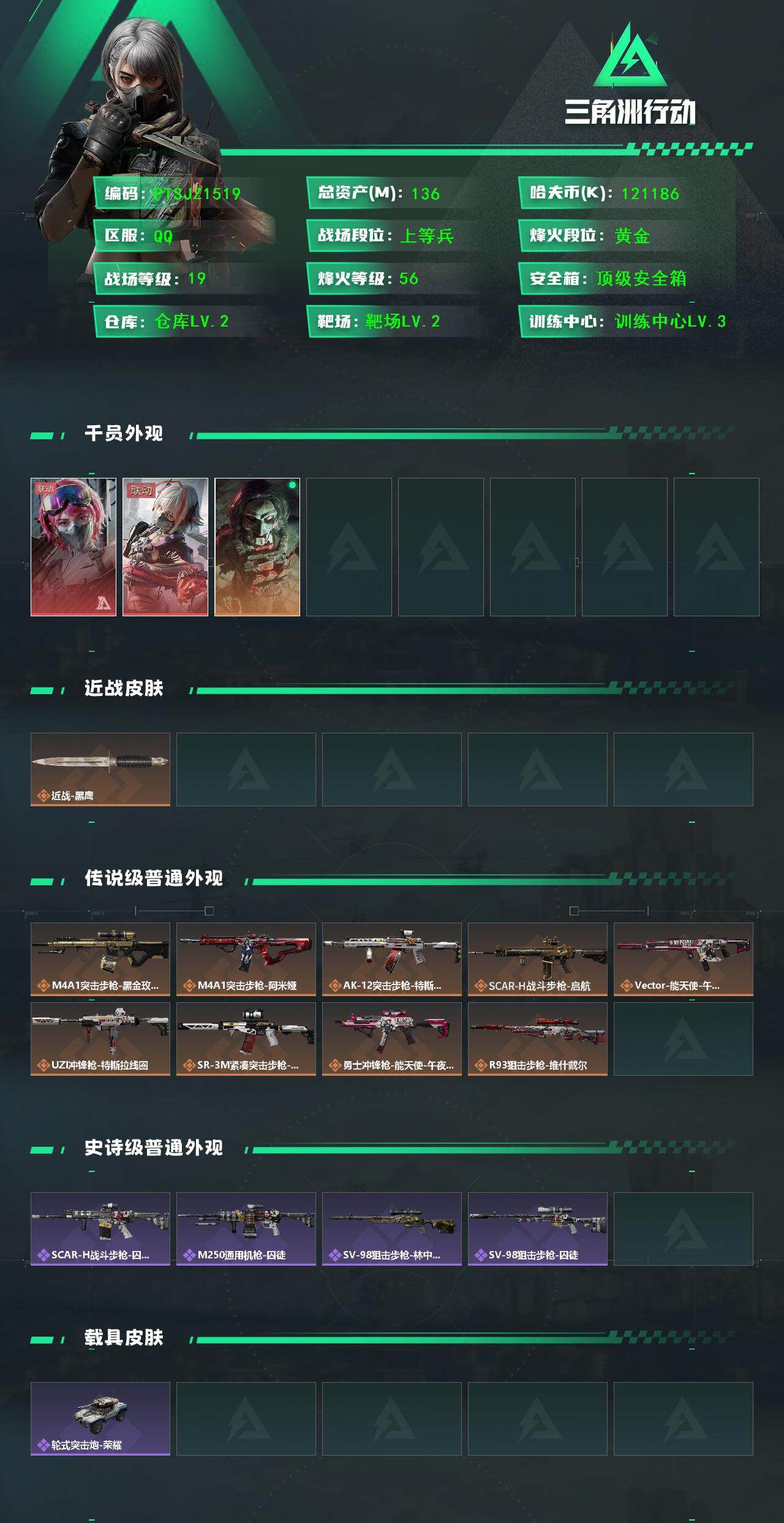 三角洲行动账号QQ【PTSJZ1519】【最新上架】总资产：136M  部门任务：21222             