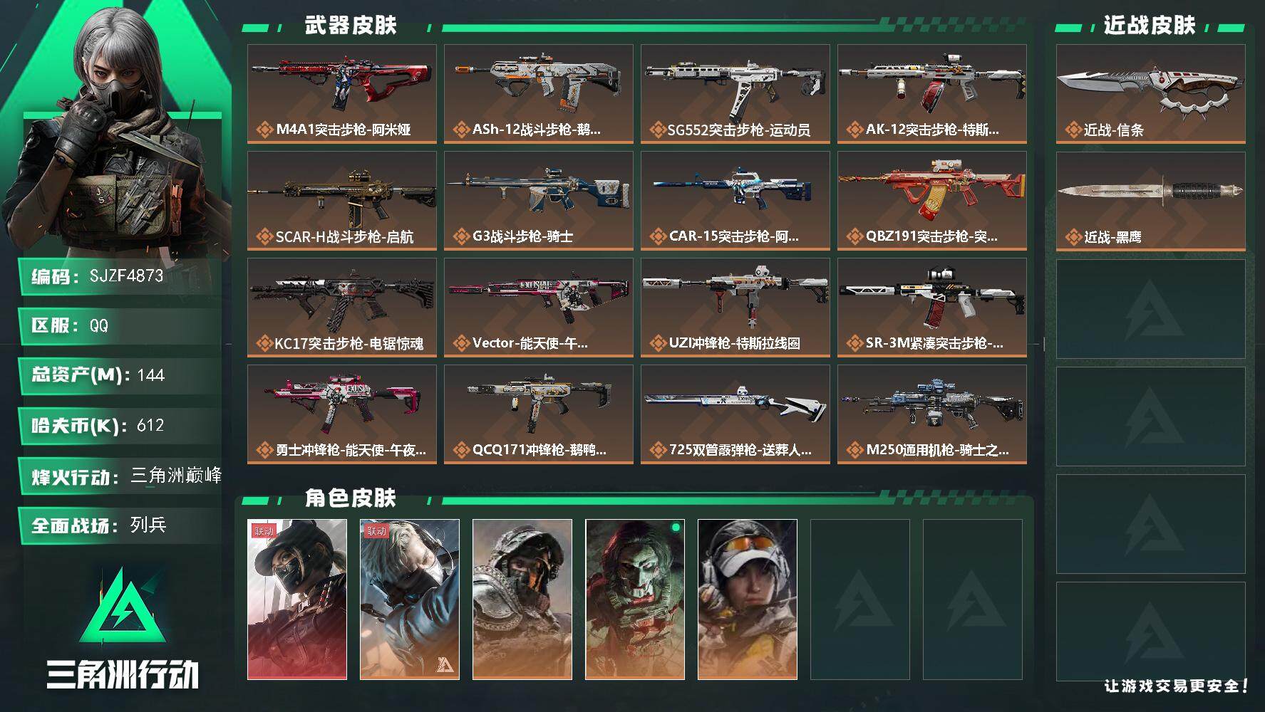 三角洲行动账号QQ【SJZF4873】总资产(M)：144M/哈夫币(K)：612K/哈夫币(K)：612K/传说枪皮数：20/全面战场等级：20_段位：列兵/烽火地带等级：60_段位：三角洲巅峰/露娜-黑·天际线/