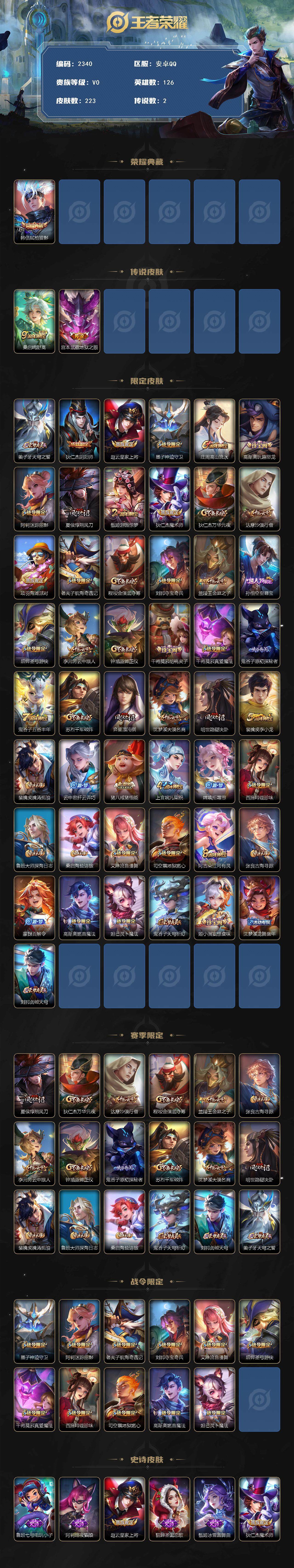 王者荣耀账号安卓QQ126英雄-223皮肤-贵族0/皮肤223/典藏1/传说2/史诗62/英雄126/弑枪猎影 韩信/鸣
