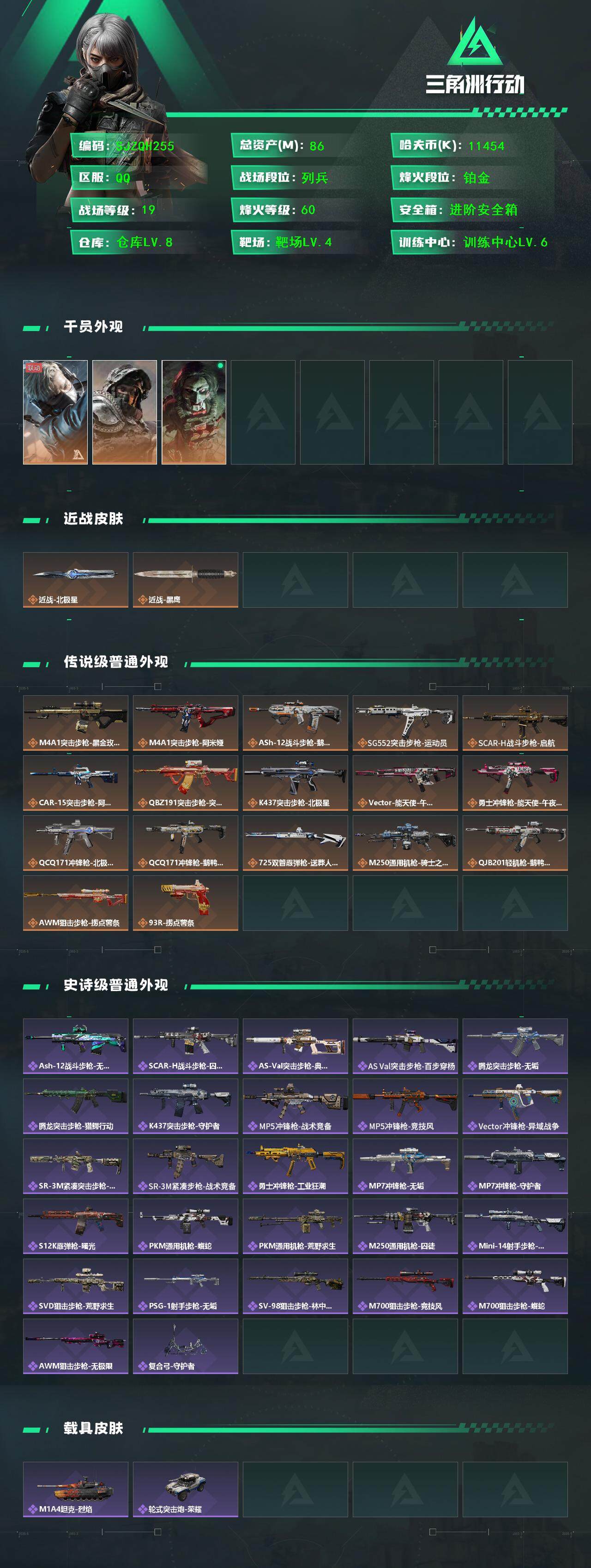 三角洲行动账号QQ【SJZQH255】总资产(M)：86M/哈夫币(K)：11454K/哈夫币(K)：11454K/全