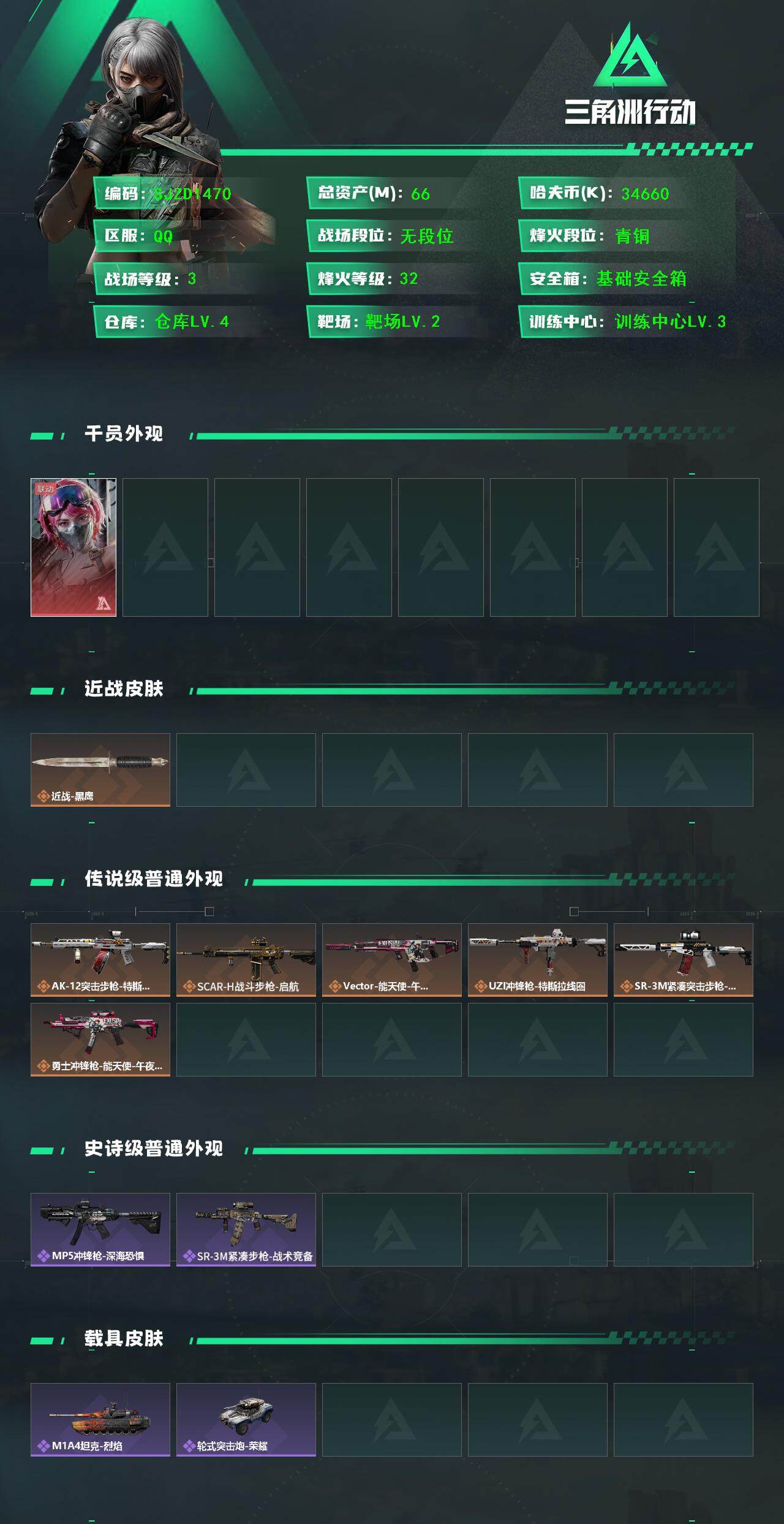 三角洲行动账号QQ【SJZD1470】总资产(M)：66M/哈夫币(K)：34660K/哈夫币(K)：34660K/传