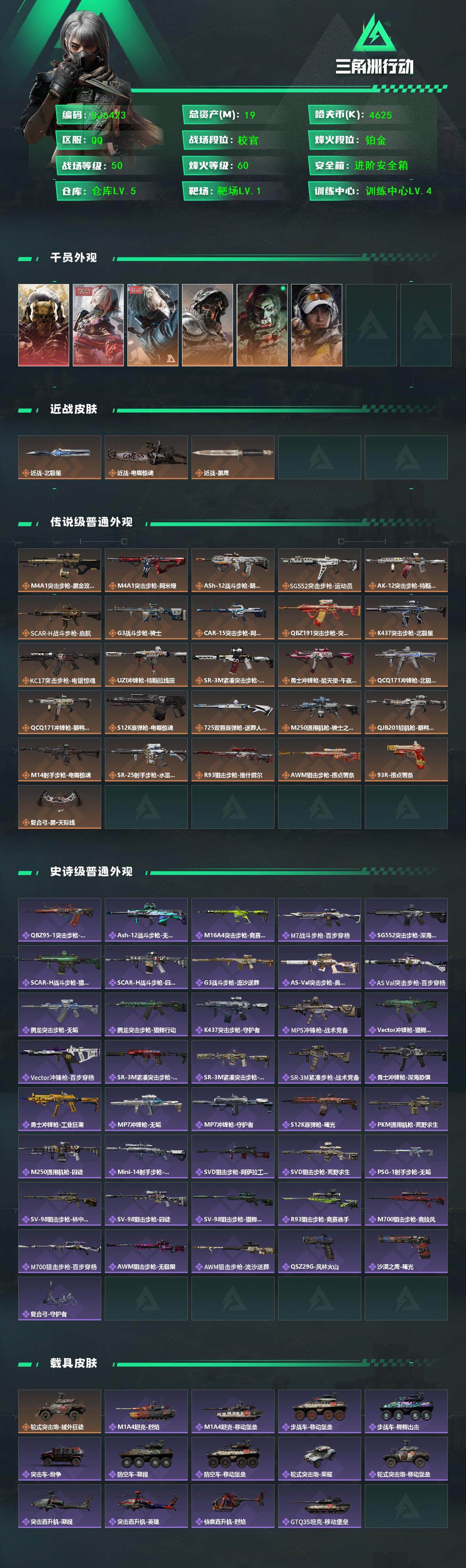 三角洲行动账号QQ【SJ6423】总资产(M)：19M/哈夫币(K)：4625K/哈夫币(K)：4625K/传说枪皮数