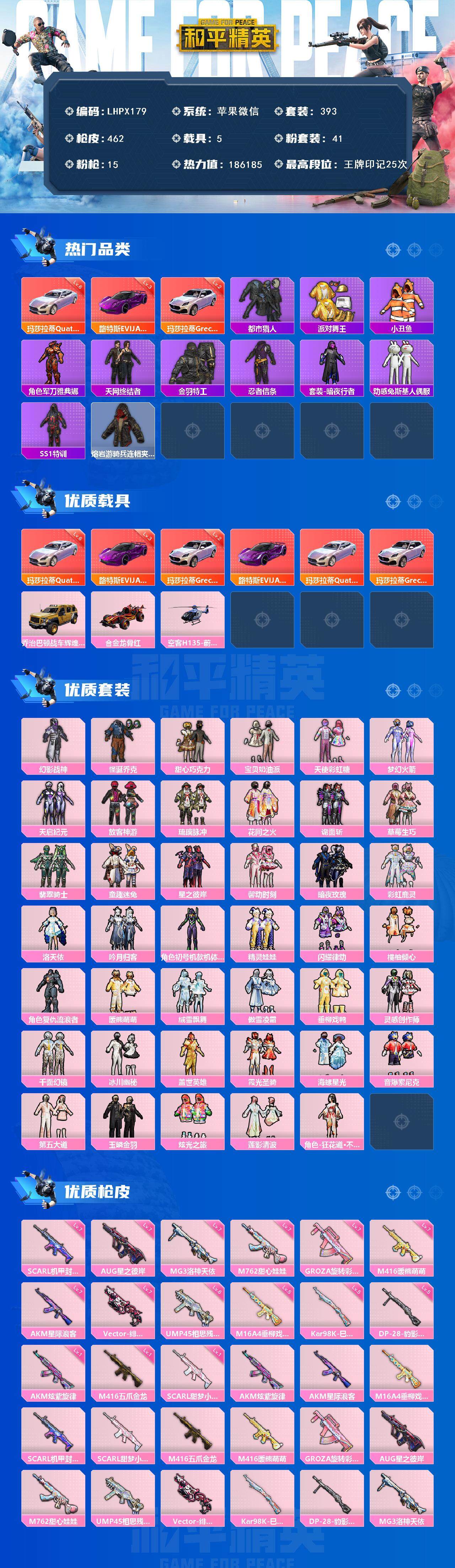 和平精英账号苹果微信地铁仓库有苏尔南-暗潮（一颗钻）【特价出售/店主推荐】苹果，微信-41粉装-15特效枪-6载具-7粉色飞行器-186185热力值-25王牌印记-393套装-462枪皮
【红色载具】：路特斯EVIJA