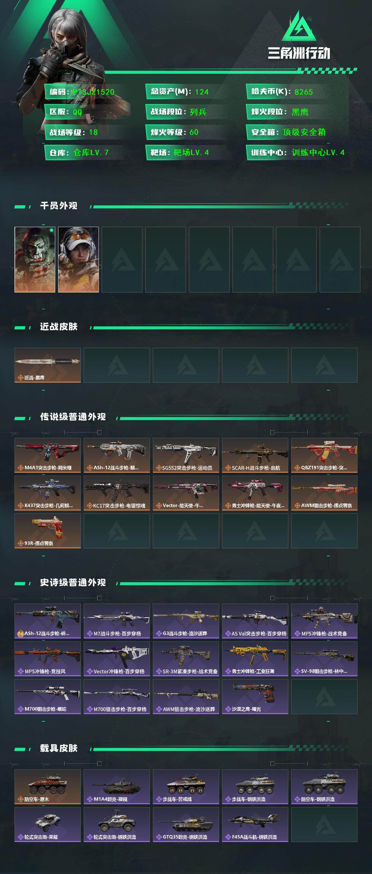 三角洲行动账号QQ【PTSJZ1520】【最新上架】总资产：124M  部门任务：32222             