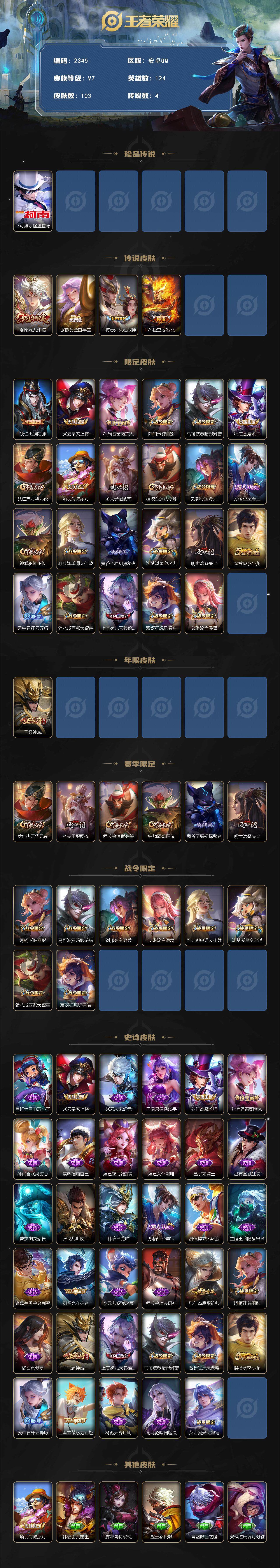 王者荣耀账号安卓QQ124英雄-103皮肤-贵族7/皮肤103/传说4/史诗35/英雄124/怪盗基德 马可波罗/愿照·