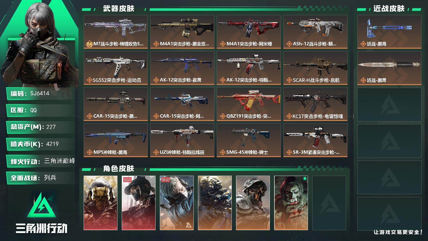 三角洲行动账号QQ【SJ6414】总资产(M)：227M/哈夫币(K)：4219K/哈夫币(K)：4219K/传说枪皮