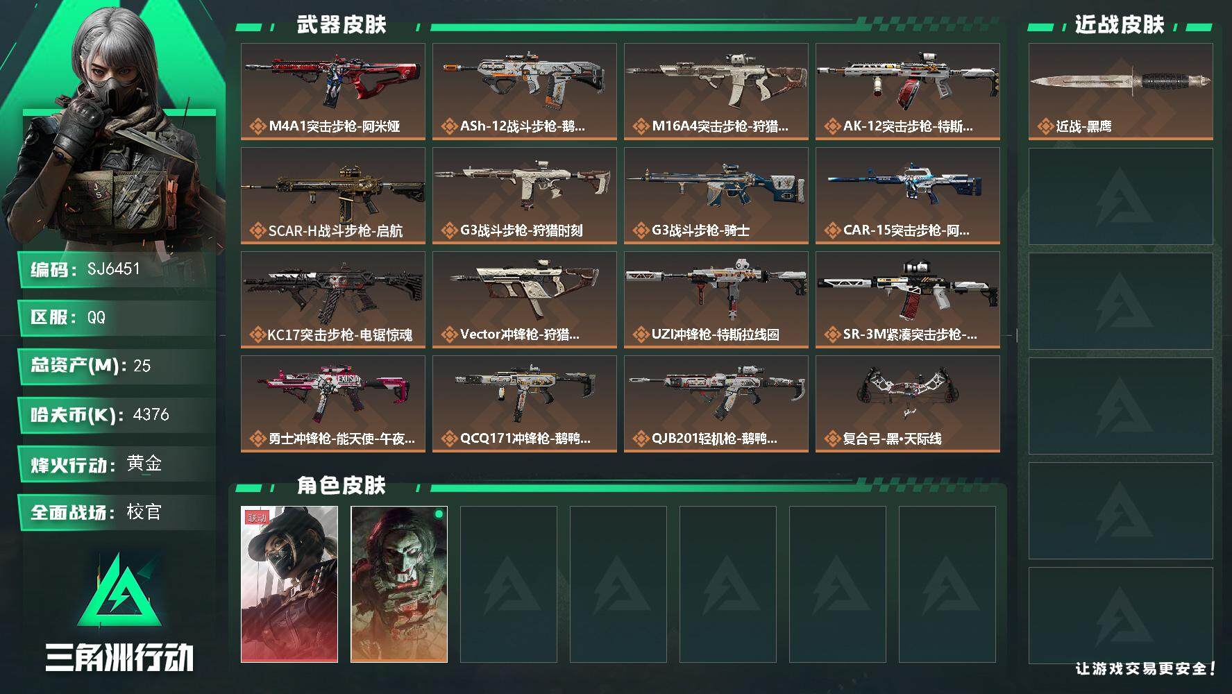 三角洲行动账号QQ【SJ6451】总资产(M)：25M/哈夫币(K)：4376K/哈夫币(K)：4376K/全面战场等级：50_段位：校官/烽火地带等级：60_段位：黄金/露娜-黑·天际线/红狼-电锯惊魂/近战-黑鹰