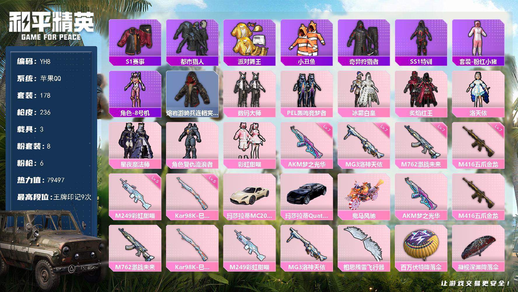 和平精英账号苹果QQ3载具-178套装-236枪皮-苹果 手Q-8粉装-6特效枪-3载具-1粉色飞行器-79497热力值