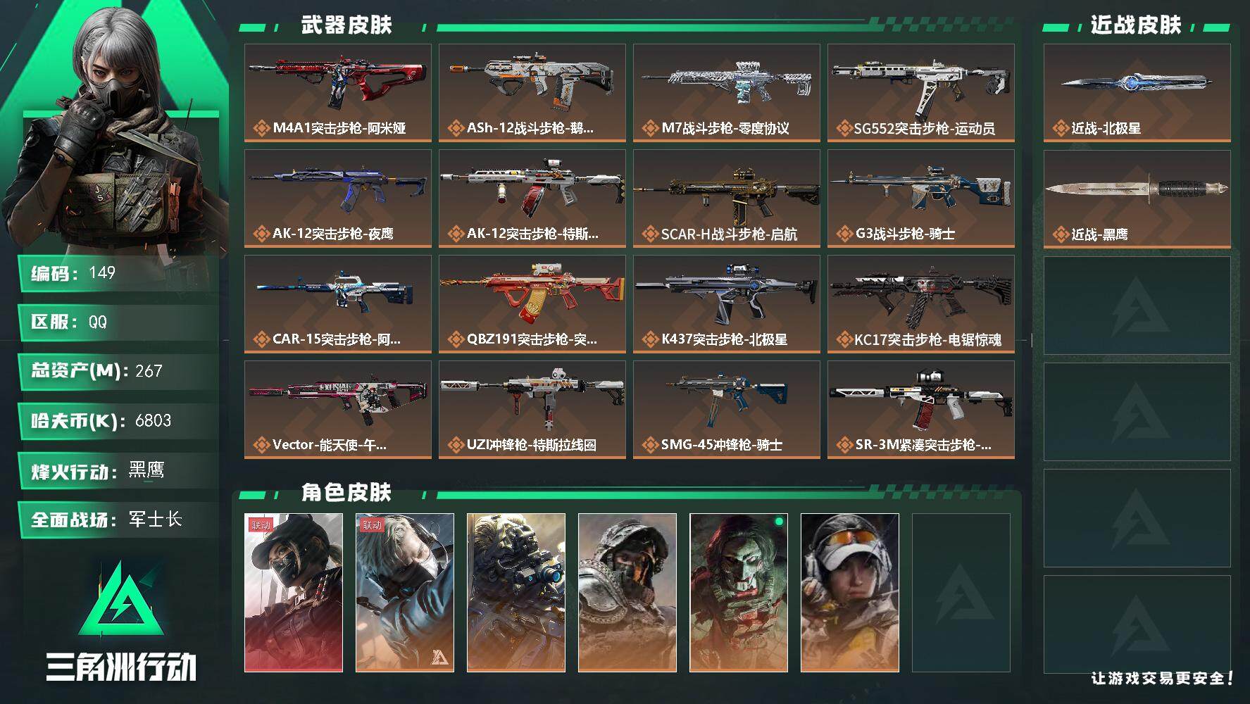 三角洲行动账号QQ【LX06720】【总资产：267.9m，流动资产：225.8m-1干员红皮：露娜 黑·天际线-刀皮：北极星】
 挂饰:肘击王（隐藏款）-110发A大子弹-赛季3x3-60烽火等级-黑鹰-50战场等