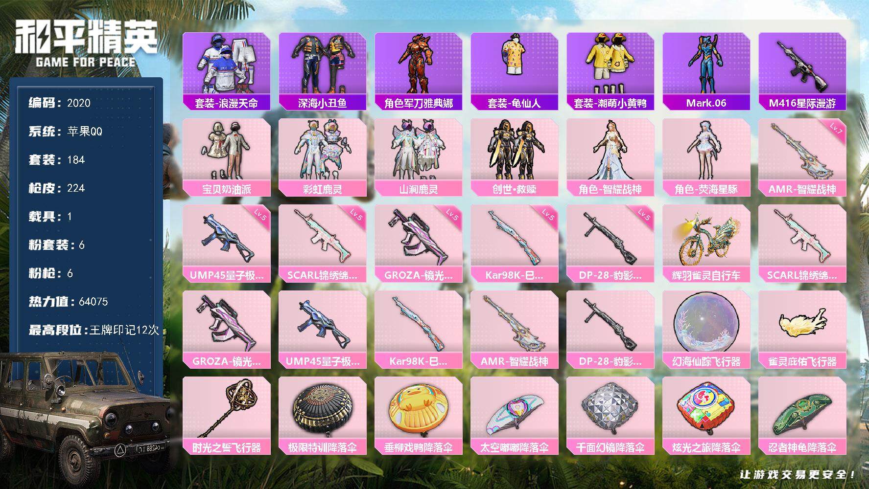 和平精英账号苹果QQ1载具-184套装-224枪皮-184套装/枪械6/装备231/载具1/战备153/王牌印记12/热