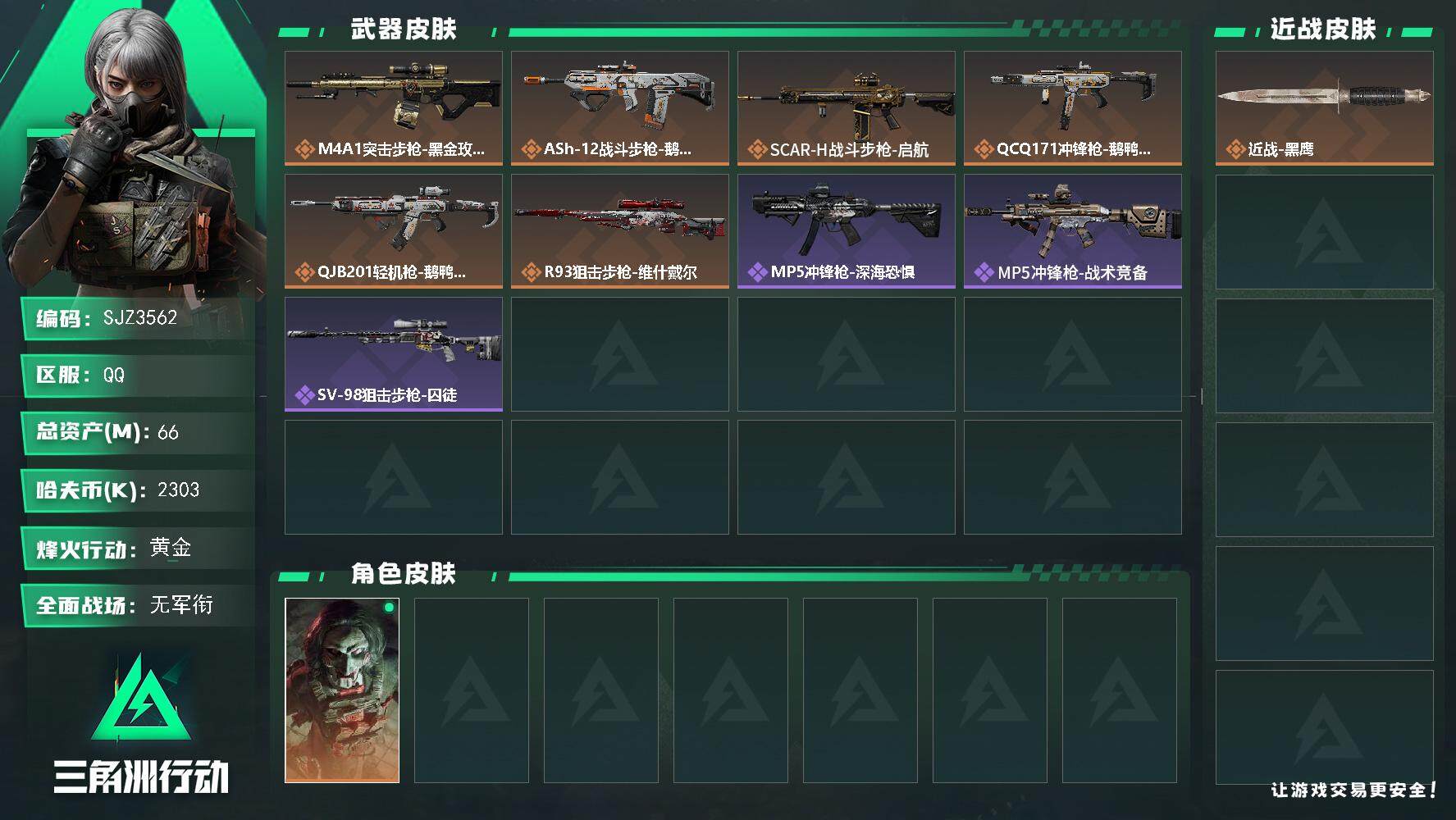 三角洲行动账号QQ【SJZ3562】总资产(M)：66M/哈夫币(K)：2303K/哈夫币(K)：2303K/传说枪皮数：6/全面战场等级：1_段位：无段位/烽火地带等级：60_段位：黄金/红狼-电锯惊魂/近战-黑鹰