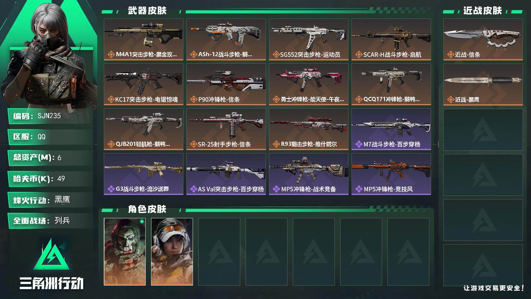 三角洲行动账号QQ【SJN235】总资产(M)：6M/哈夫币(K)：49K/哈夫币(K)：49K/传说枪皮数：11/全面战场等级：9_段位：列兵/烽火地带等级：60_段位：黑鹰/红狼-电锯惊魂/露娜-金牌射手/近战-