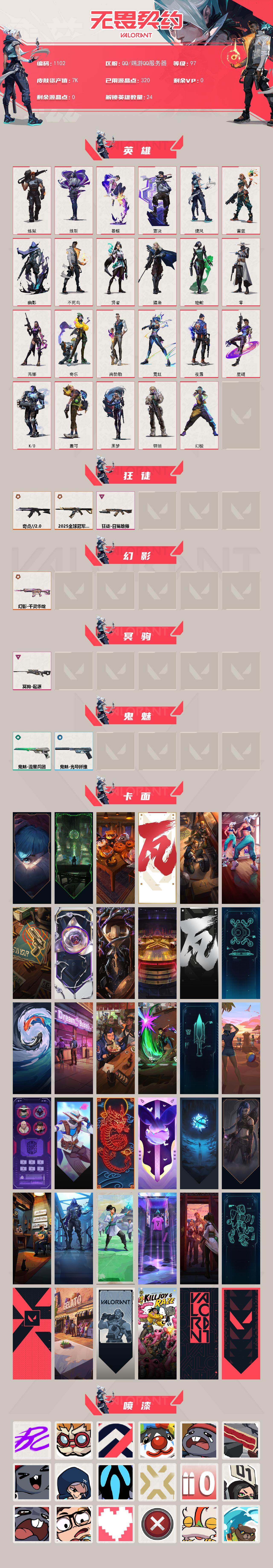 【英雄】：幻棱，炼狱，维斯，暮蝶，壹决，捷风，雷兹，幽影，不死鸟，贤者，猎枭，蝰蛇，零，芮娜，奇乐，尚勃勒，霓虹，夜露，星礈，K/O，盖可，黑梦，钢锁
【狂徒】：狂徒-2025全球冠军赛，狂徒-奇点