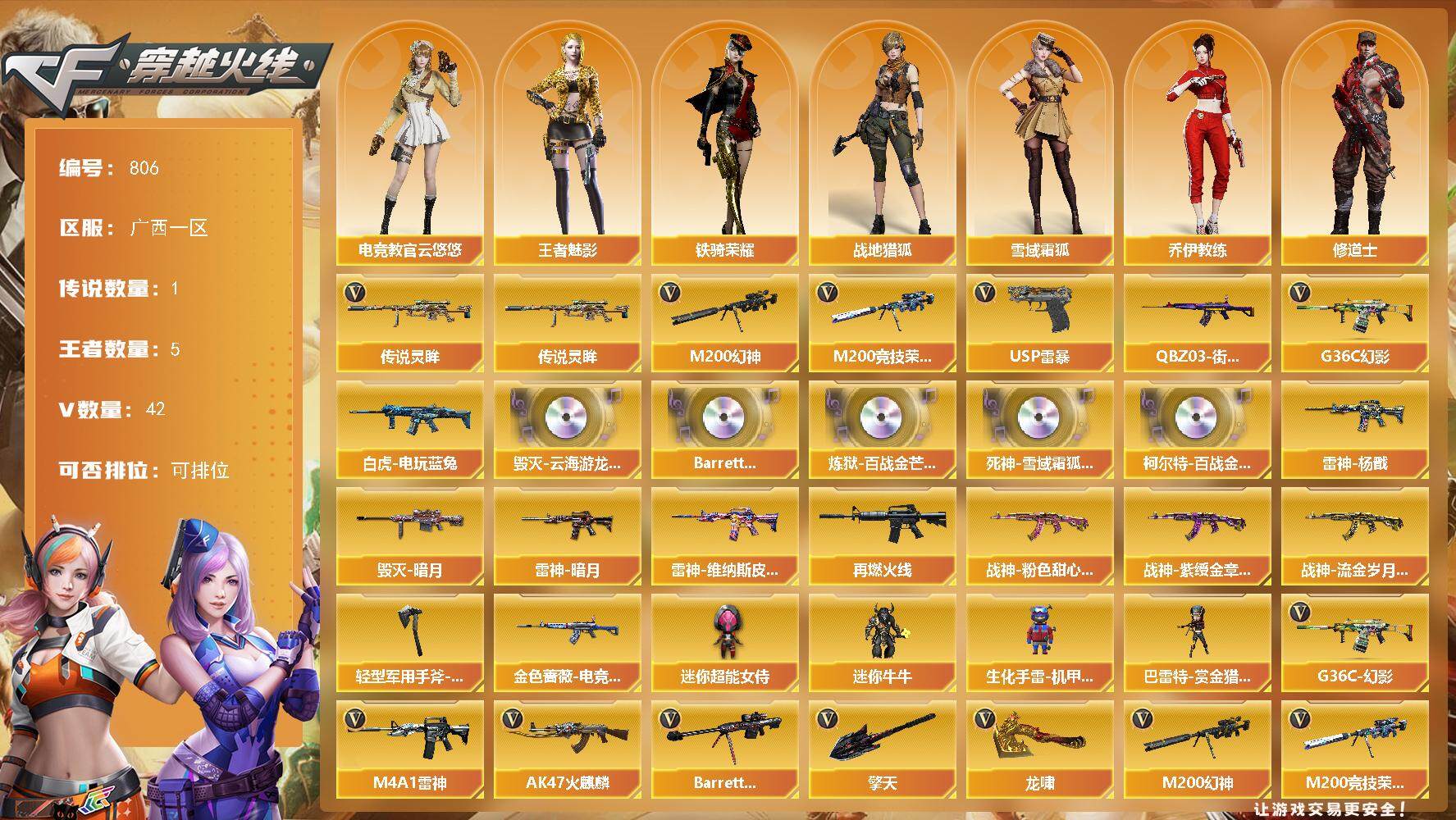穿越火线账号南部战区广西一区广西一区-42V-5王者-0炫金
【传说武器】：传说灵眸
【热门武器】：传说灵眸，G36C-幻影，M