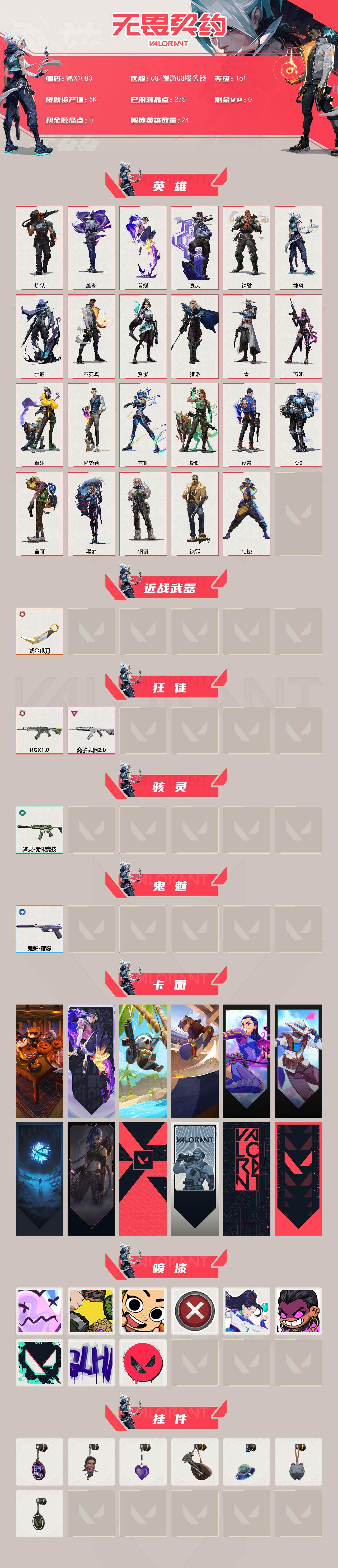 【WWX1080】终极*2/卓越*1/皮肤*9/等级*161/段位:黄金/幻棱/炼狱/维斯/暮蝶/钛狐/壹决/铁臂/捷风/幽影/不死鸟/贤者/猎枭/零/芮娜/奇乐/尚勃勒/霓虹/斯凯/夜露/K/O/