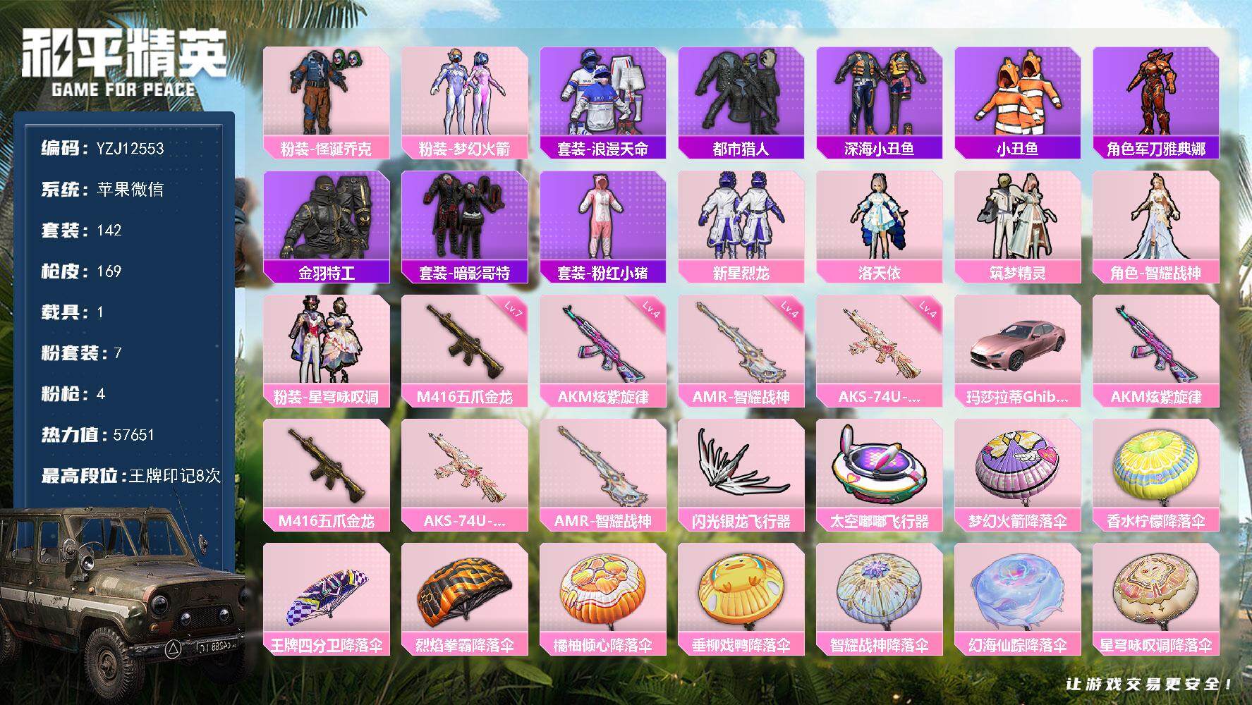和平精英账号苹果微信1载具-142套装-169枪皮-YZJ12553 包人脸 苹果V-3稀有1载具7粉装4特效枪16热门