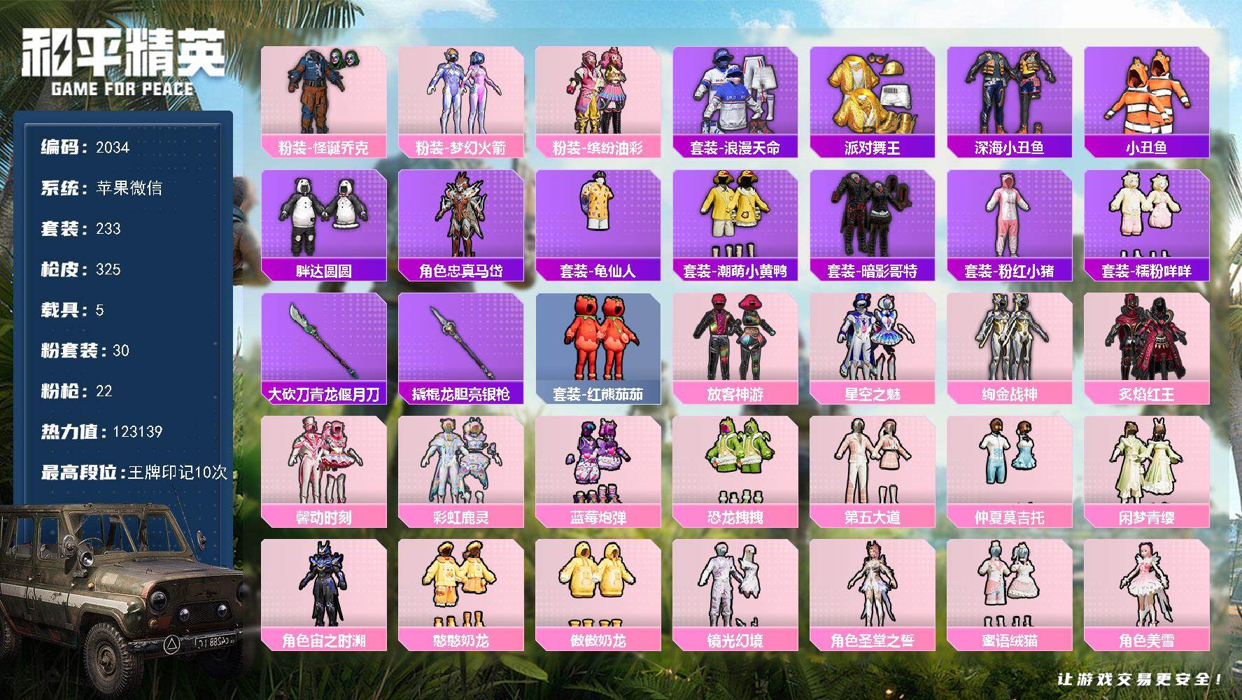 和平精英账号苹果微信5载具-233套装-325枪皮-233套装/枪械22/装备484/载具5/战备275/王牌印记10/