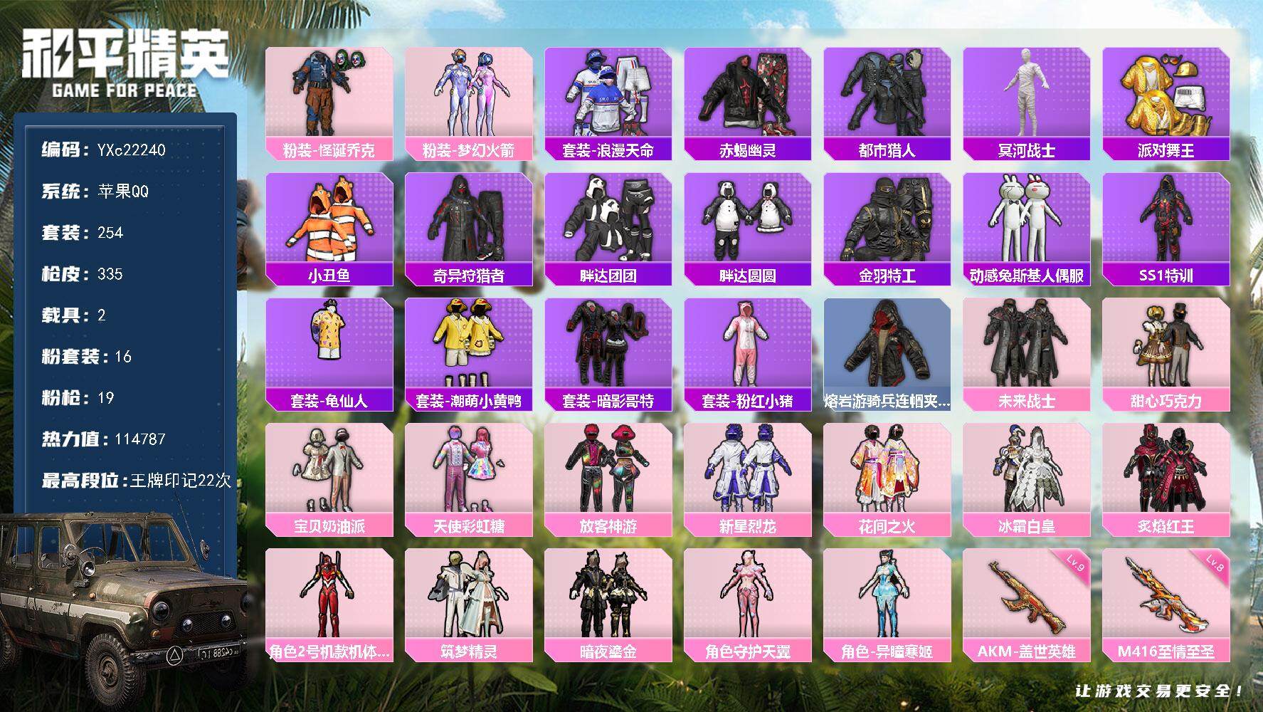 和平精英账号苹果QQ2载具-254套装-335枪皮-【顶级素材号！怪诞 木乃伊 红螳螂 巧克力 放客 新101 都市 赤